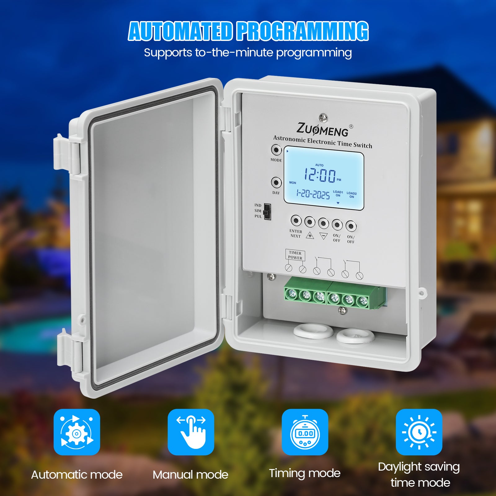 2-Circuit 30Amp Astronomic Electronic Time Switch, Automated Weekly Scheduling, to-The-Minute Programming, Built-in Rechargeable Lithium Battery, IP65 Waterproof, Supports 120-277 VAC
