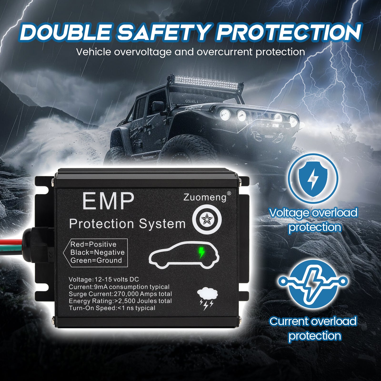 Vehicle EMP Protection, 12 Volt DC for Cars and Trucks, Lightning, Solar Flare, Surge, CME Protection,  270,000 A