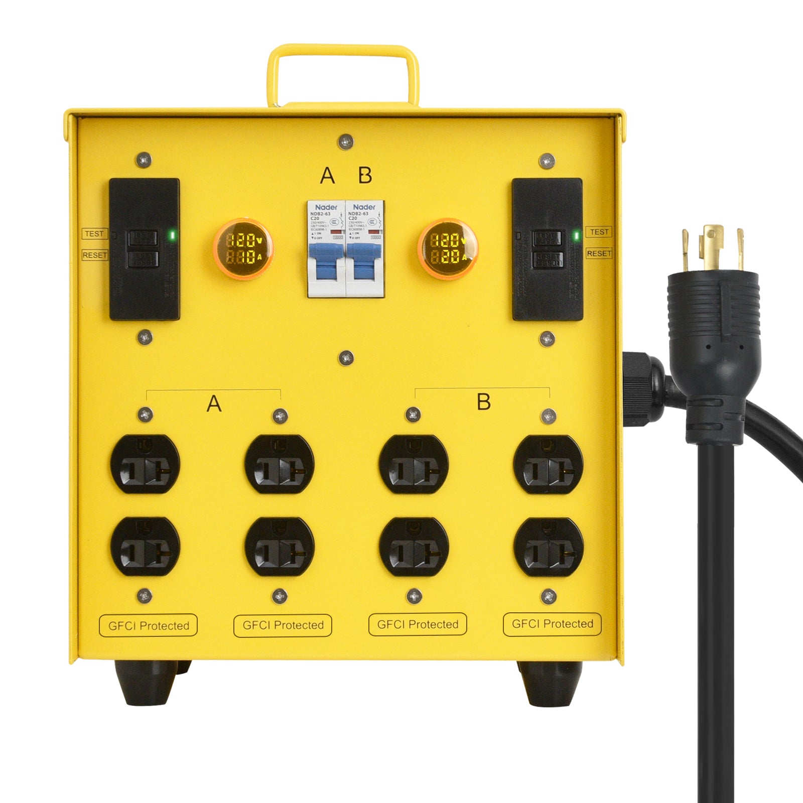 30-Amp Portable Power Center, Split 240VAC Input into 2 Separate 120VAC Output, A&B Zone Independent Control with 2 Mini Voltmeter and Ammeter