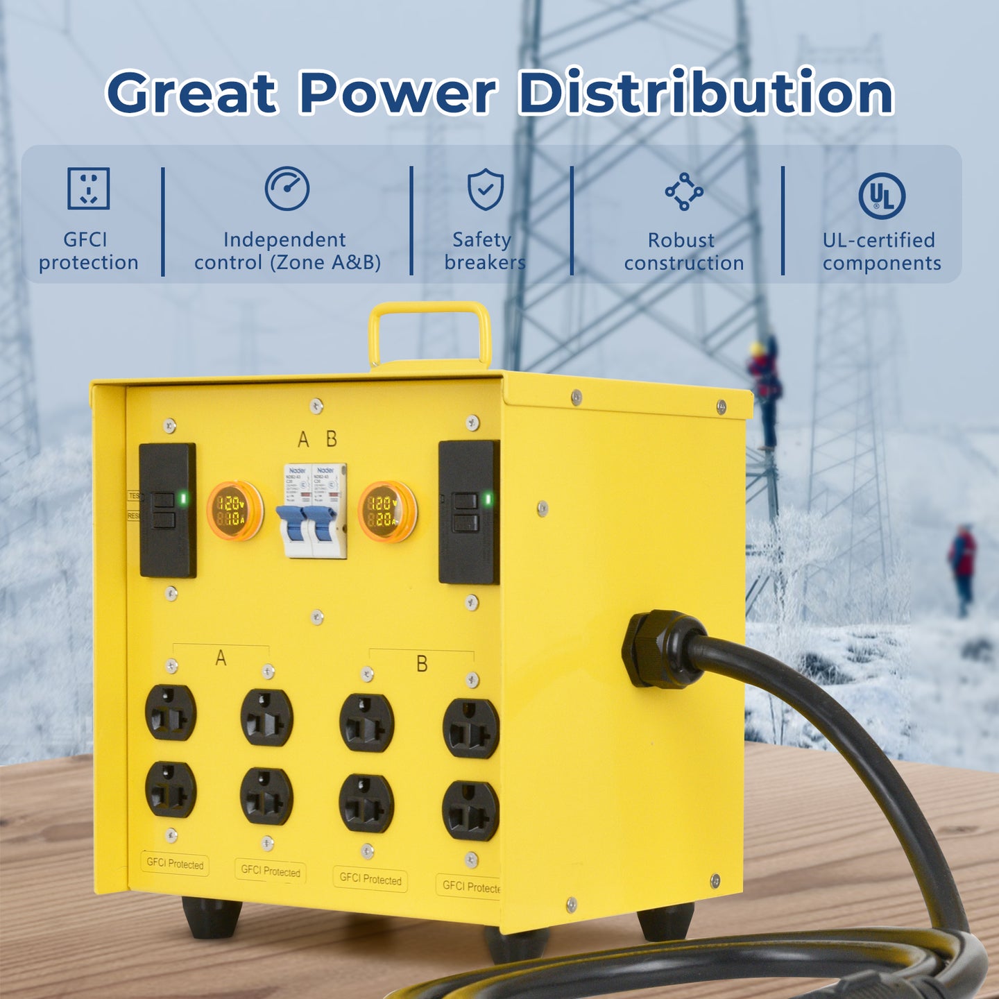 30-Amp Portable Power Center, Split 240VAC Input into 2 Separate 120VAC Output, A&B Zone Independent Control with 2 Mini Voltmeter and Ammeter