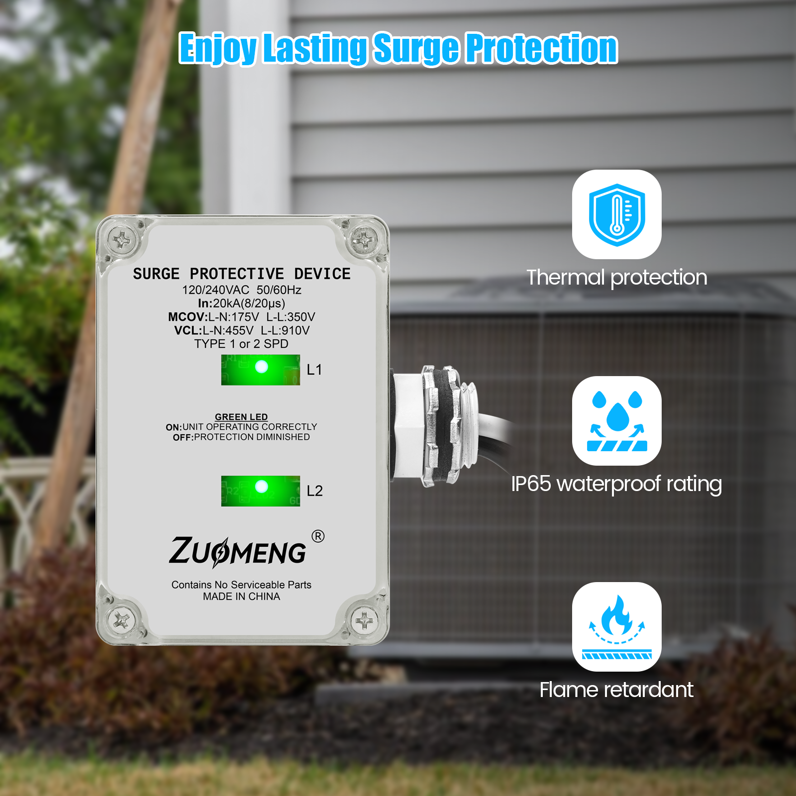 HVAC Surge Protector, Zuomeng 120/240VAC Universal Air Conditioner Surge Protective Device with 20kA Surge Absorption, Dual LED Indicators, 3 Type of Protection to Protect HVAC Systems
