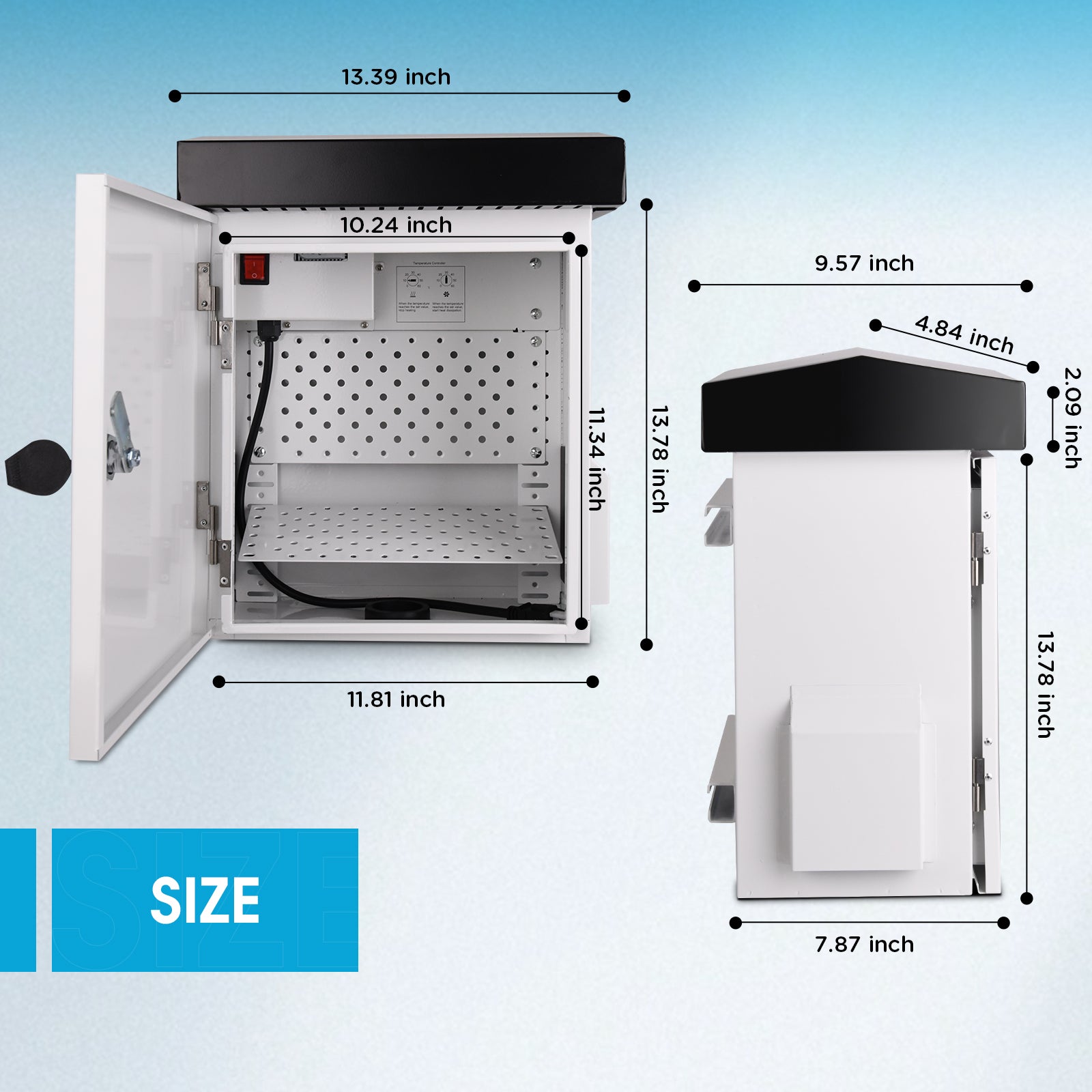 Outdoor Electrical Enclosure with Thermostat, 100W Heater & 12W Fan, IP65 Waterproof Galvanized Steel Cabinet, 32–140°F Temp Control, for Telecom, Power & Battery Systems (15.9"×13.4"×9.6")