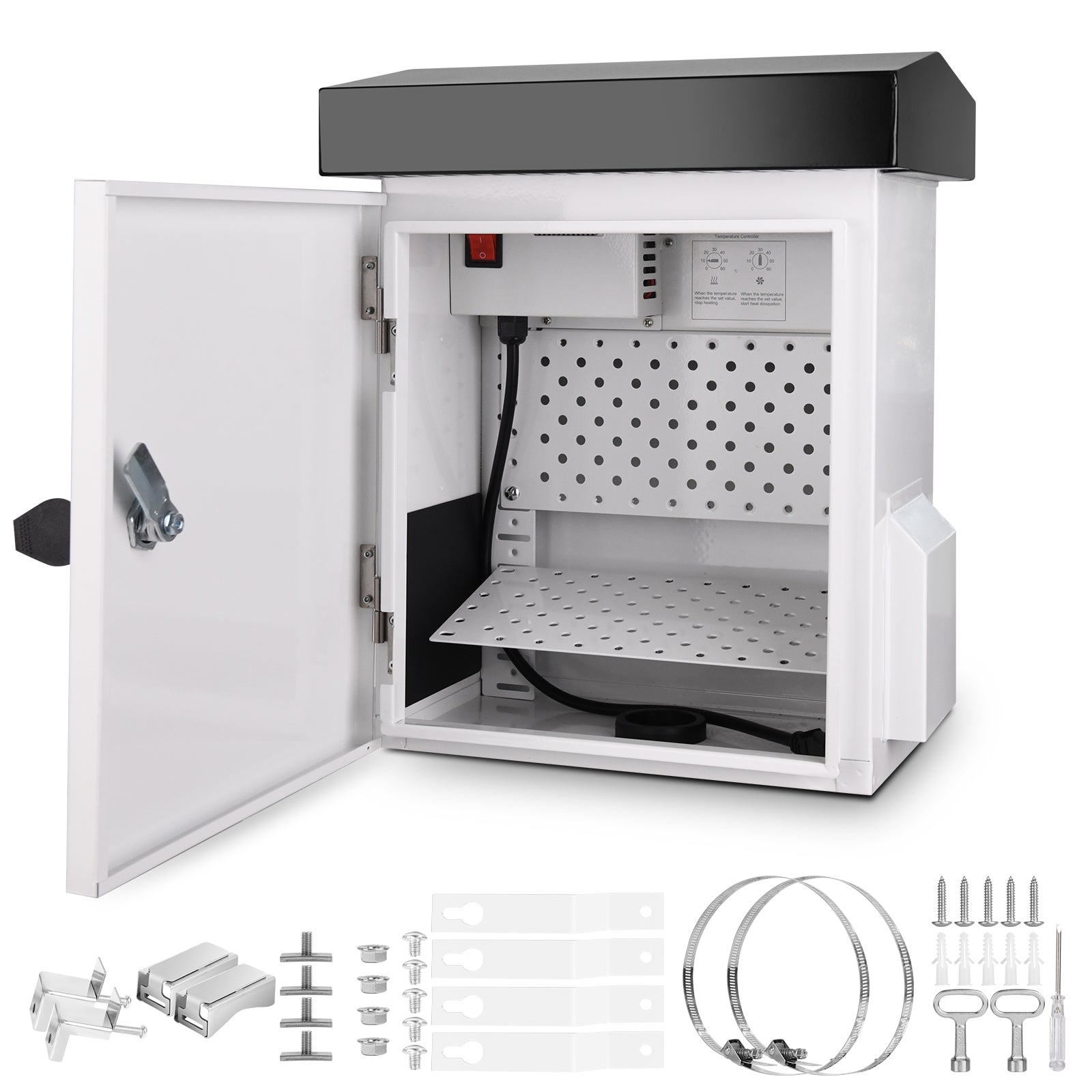 Outdoor Electrical Enclosure with Thermostat, 100W Heater & 12W Fan, IP65 Waterproof Galvanized Steel Cabinet, 32–140°F Temp Control, for Telecom, Power & Battery Systems (15.9"×13.4"×9.6")
