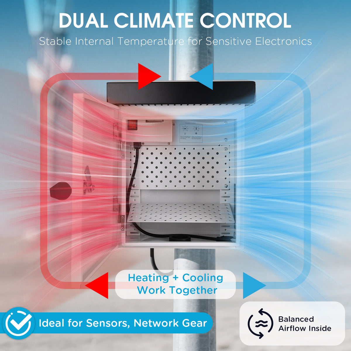 Outdoor Electrical Enclosure with Thermostat, 100W Heater & 12W Fan, IP65 Waterproof Galvanized Steel Cabinet, 32–140°F Temp Control, for Telecom, Power & Battery Systems (15.9"×13.4"×9.6")