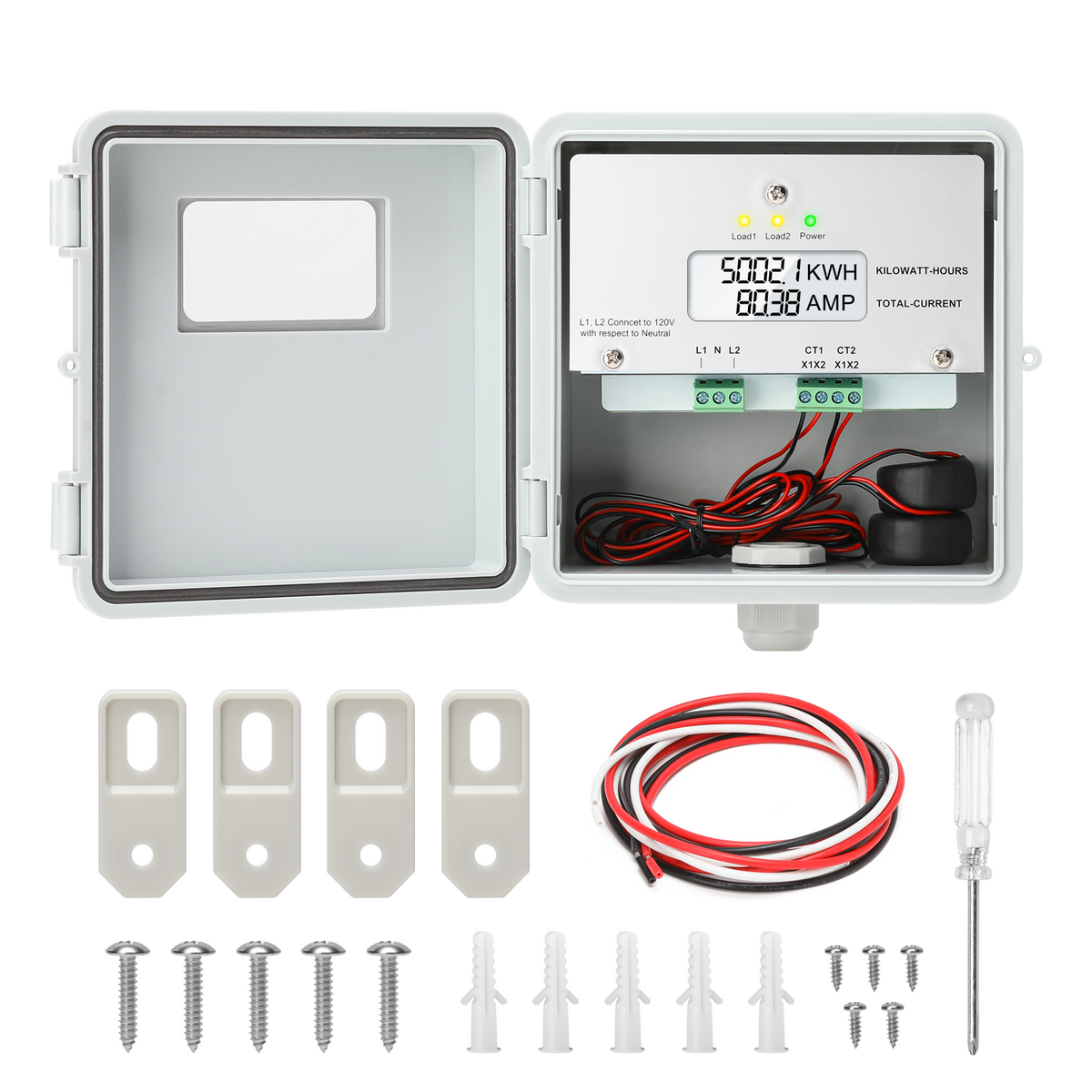 Outdoor Surface Mount Mechanical Counter, Zuomeng 120/240V 2P3W 200A Mini Power Meter Kit with IP65 Waterproof Enclosure, Includes 2 Solid Core CTs, Precision Dual-Circuit PWH Measurement