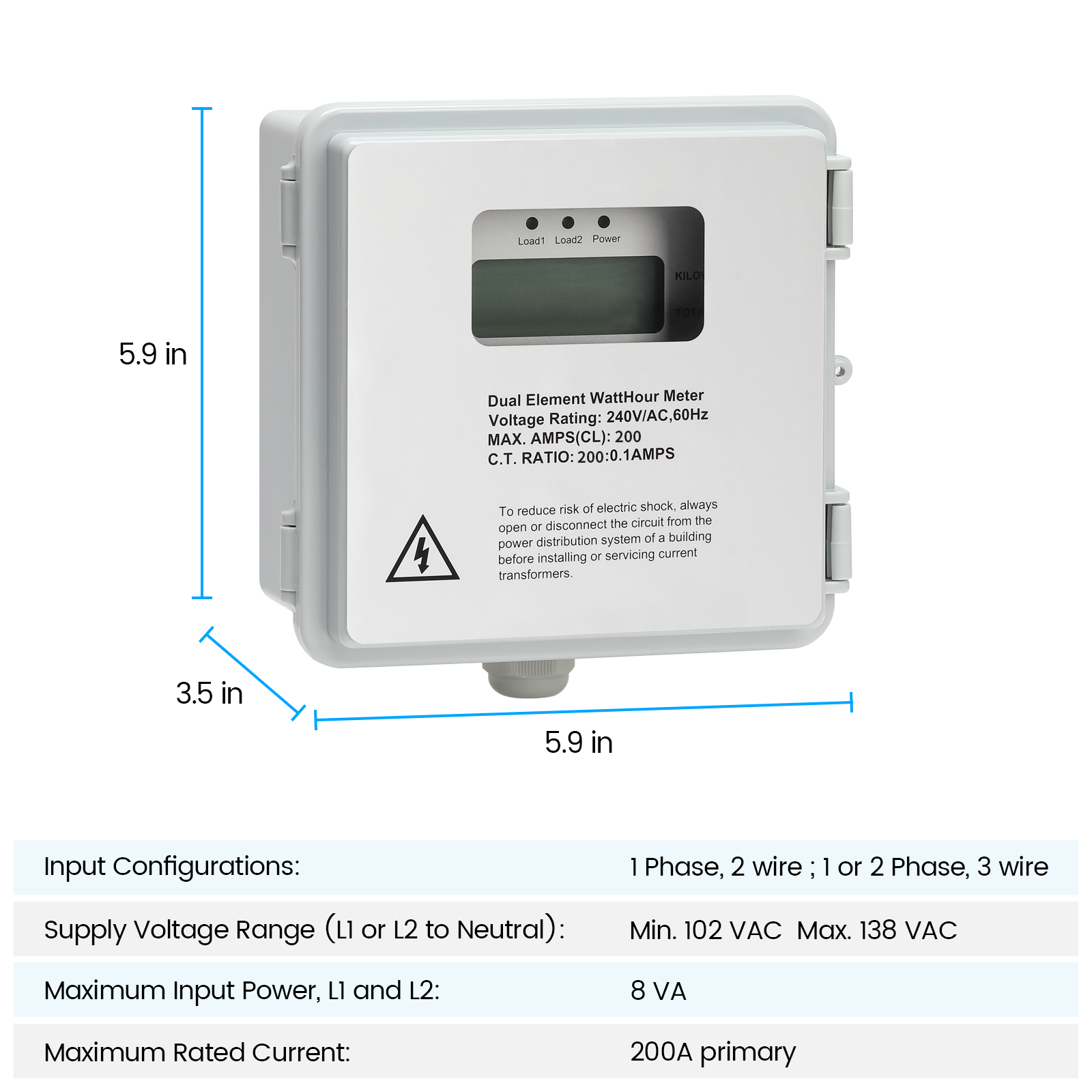 Outdoor Surface Mount Mechanical Counter, Zuomeng 120/240V 2P3W 200A Mini Power Meter Kit with IP65 Waterproof Enclosure, Includes 2 Solid Core CTs, Precision Dual-Circuit PWH Measurement
