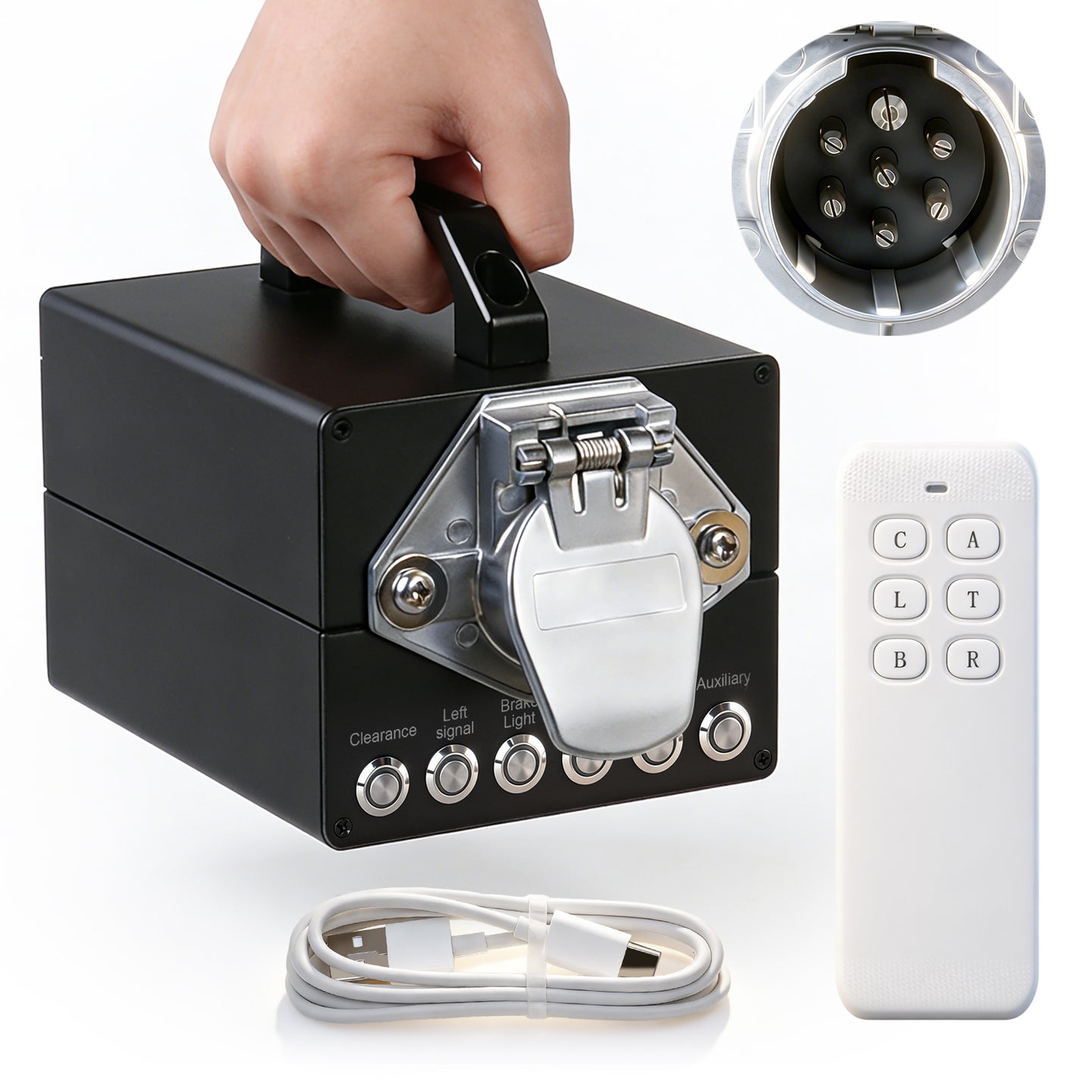 Professional Trailer Light Tester, Wireless Remote One-Person Operation, Built-in 12V 10Ah Rechargeable Battery, IP68 Waterproof All-Metal Housing, Compatible with 7-Way Round Pin Connector