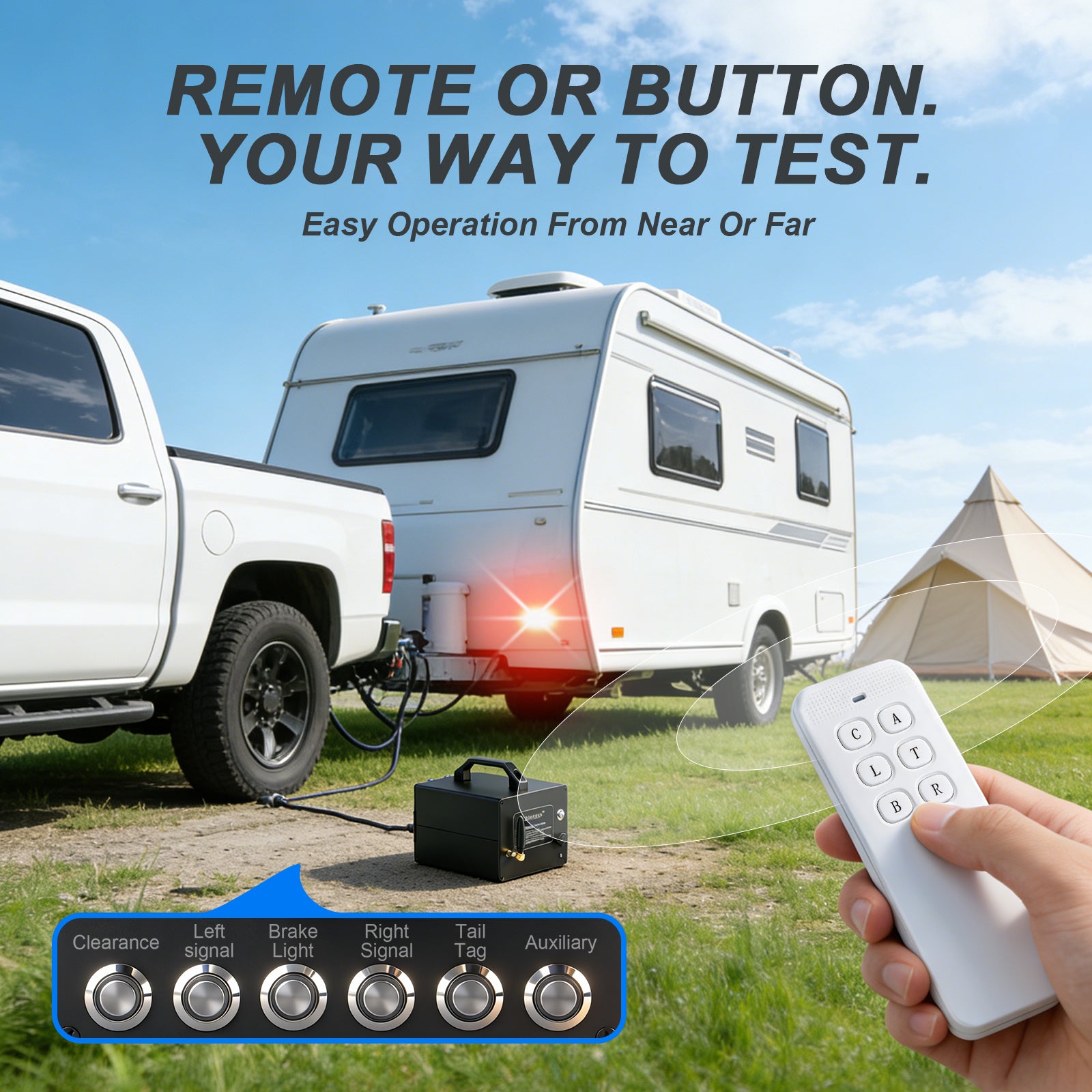 Professional Trailer Light Tester, Wireless Remote One-Person Operation, Built-in 12V 10Ah Rechargeable Battery, IP68 Waterproof All-Metal Housing, Compatible with 7-Way Round Pin Connector