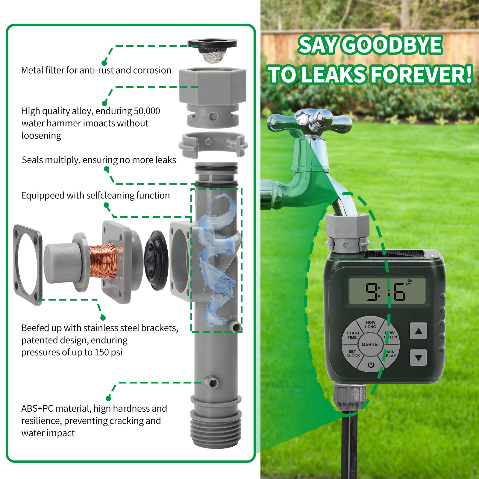 Sprinkler Timer, Programmable Irrigation Water Timer for Garden Hose, Solar/Battery Dual Power & Professional Leak-Proof Design, Rain Delay/Auto/Manual Watering System, Green