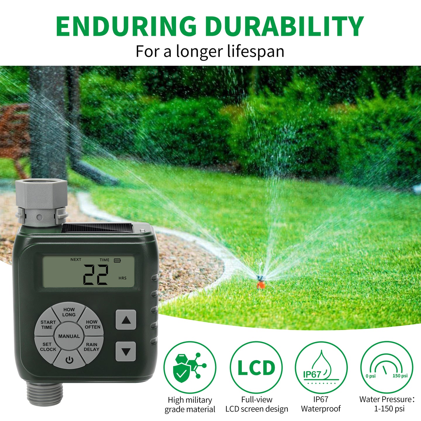 Sprinkler Timer, Programmable Irrigation Water Timer for Garden Hose, Solar/Battery Dual Power & Professional Leak-Proof Design, Rain Delay/Auto/Manual Watering System, Green