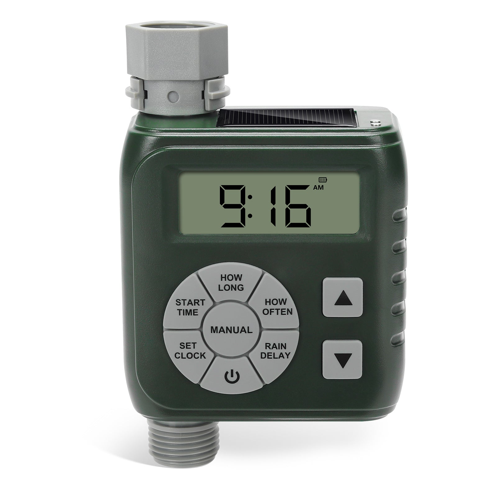 Sprinkler Timer, Programmable Irrigation Water Timer for Garden Hose, Solar/Battery Dual Power & Professional Leak-Proof Design, Rain Delay/Auto/Manual Watering System, Green