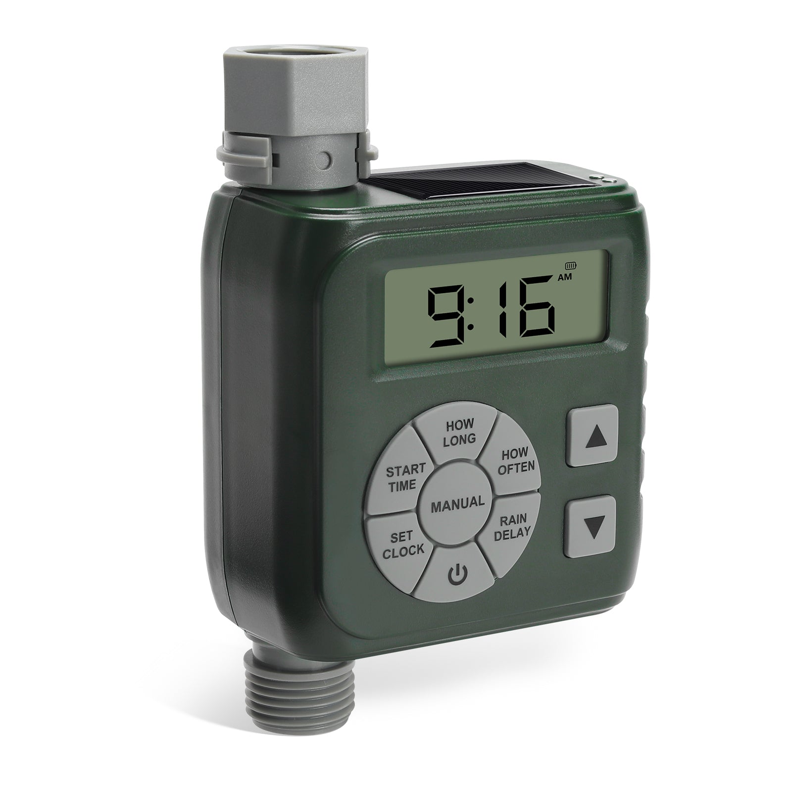 Sprinkler Timer, Programmable Irrigation Water Timer for Garden Hose, Solar/Battery Dual Power & Professional Leak-Proof Design, Rain Delay/Auto/Manual Watering System, Green
