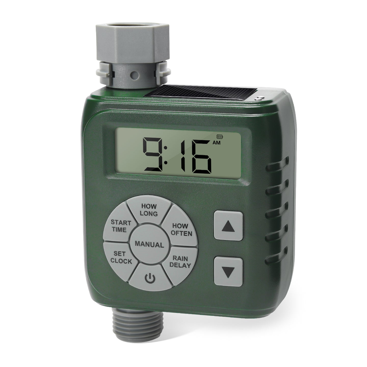 Sprinkler Timer, Programmable Irrigation Water Timer for Garden Hose, Solar/Battery Dual Power & Professional Leak-Proof Design, Rain Delay/Auto/Manual Watering System, Green