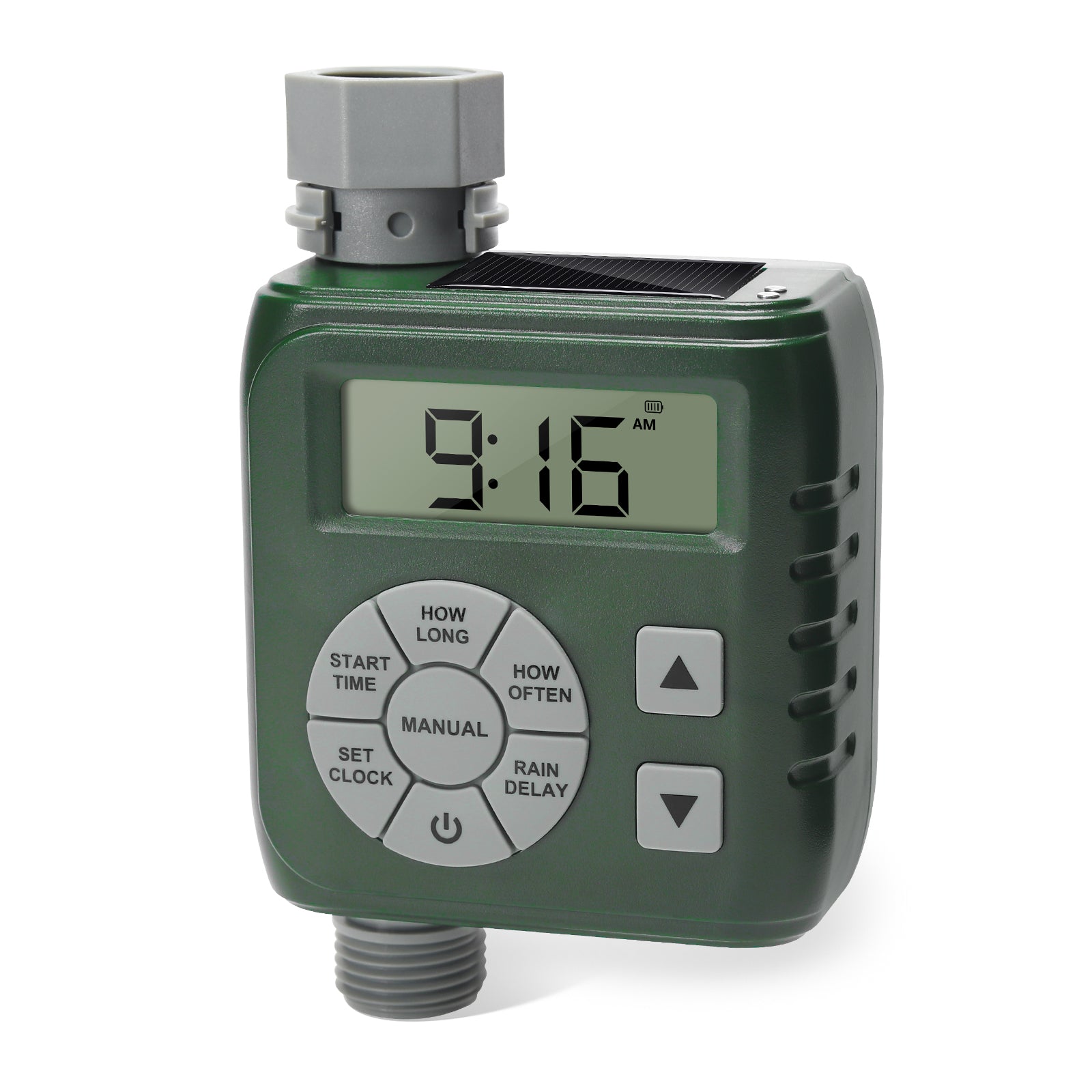 Sprinkler Timer, Programmable Irrigation Water Timer for Garden Hose, Solar/Battery Dual Power & Professional Leak-Proof Design, Rain Delay/Auto/Manual Watering System, Green