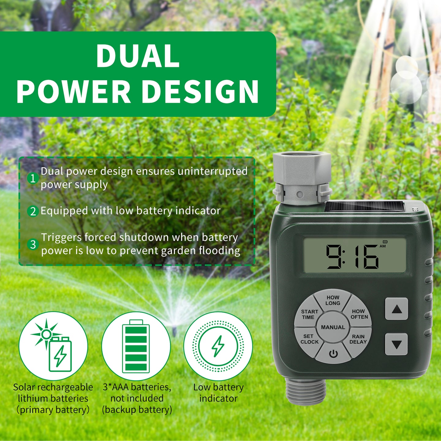 Sprinkler Timer, Programmable Irrigation Water Timer for Garden Hose, Solar/Battery Dual Power & Professional Leak-Proof Design, Rain Delay/Auto/Manual Watering System, Green
