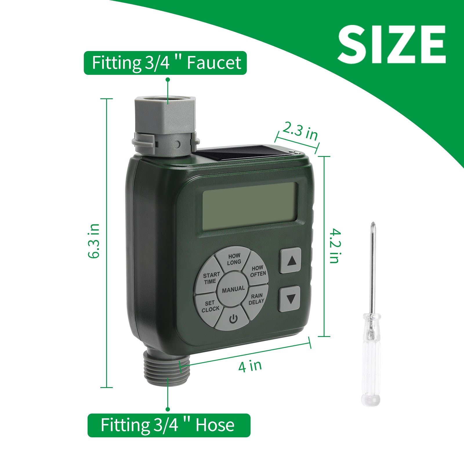 Sprinkler Timer, Programmable Irrigation Water Timer for Garden Hose, Solar/Battery Dual Power & Professional Leak-Proof Design, Rain Delay/Auto/Manual Watering System, Green