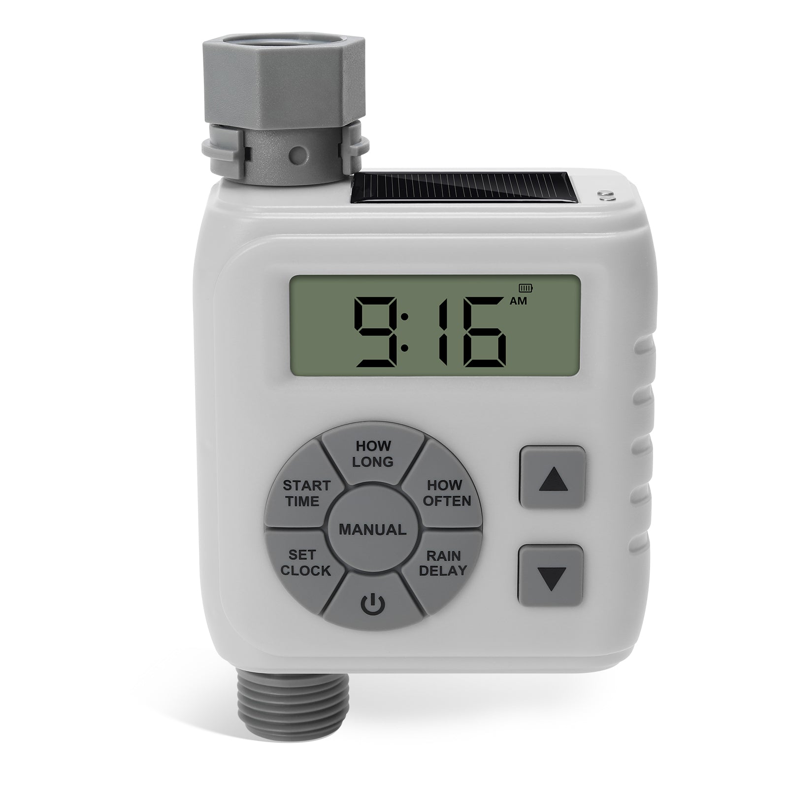 Sprinkler Timer, Programmable Irrigation Water Timer for Garden Hose, Solar/Battery Dual Power & Professional Leak-Proof Design, Rain Delay/Auto/Manual Watering System, Gray