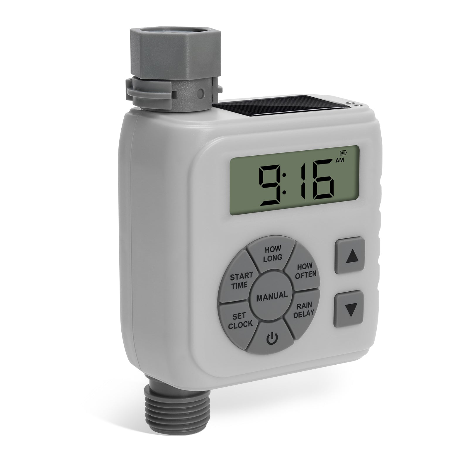 Sprinkler Timer, Programmable Irrigation Water Timer for Garden Hose, Solar/Battery Dual Power & Professional Leak-Proof Design, Rain Delay/Auto/Manual Watering System, Gray