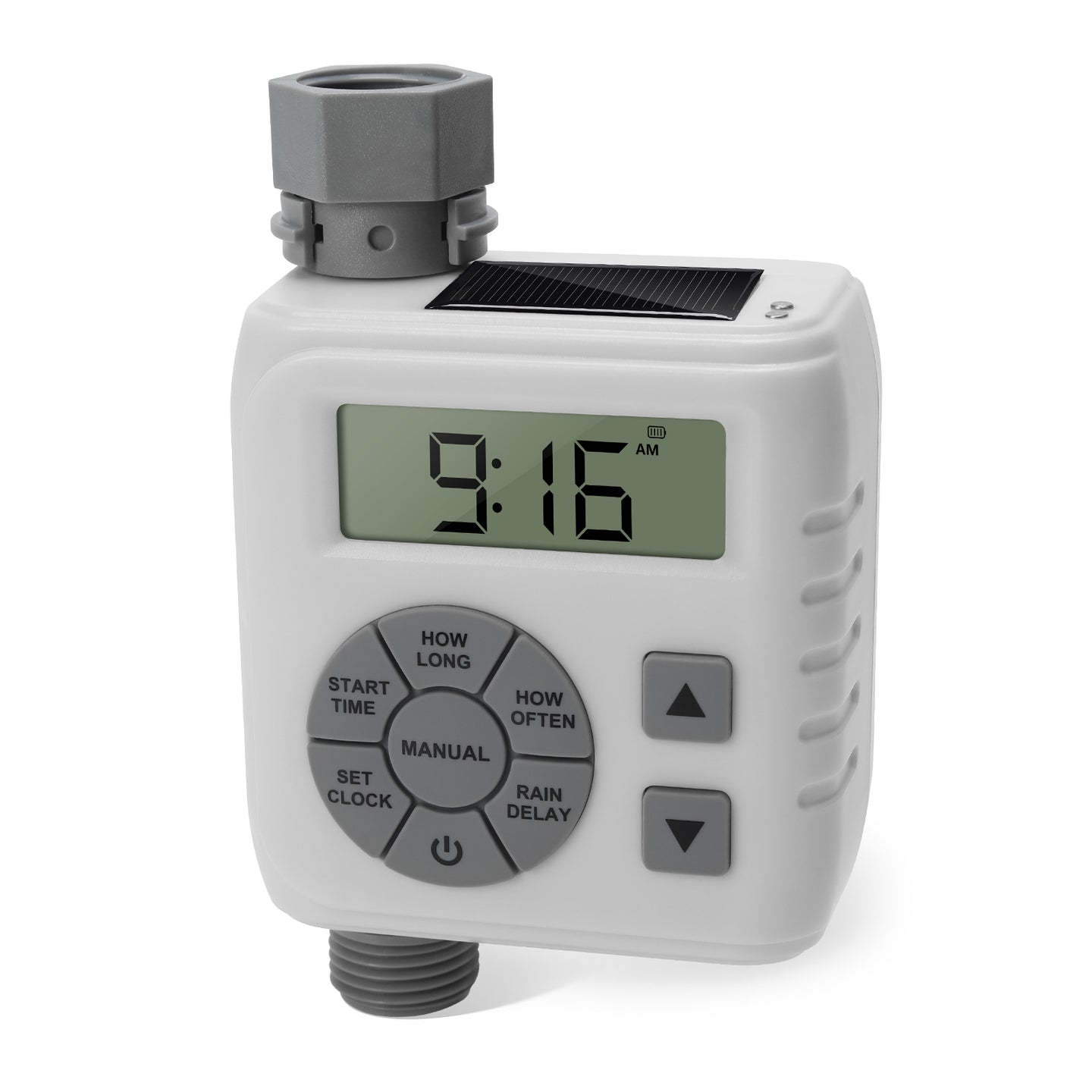 Sprinkler Timer, Programmable Irrigation Water Timer for Garden Hose, Solar/Battery Dual Power & Professional Leak-Proof Design, Rain Delay/Auto/Manual Watering System, Gray