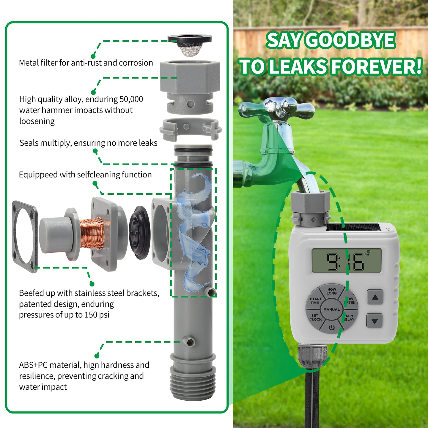 Sprinkler Timer, Programmable Irrigation Water Timer for Garden Hose, Solar/Battery Dual Power & Professional Leak-Proof Design, Rain Delay/Auto/Manual Watering System, Gray