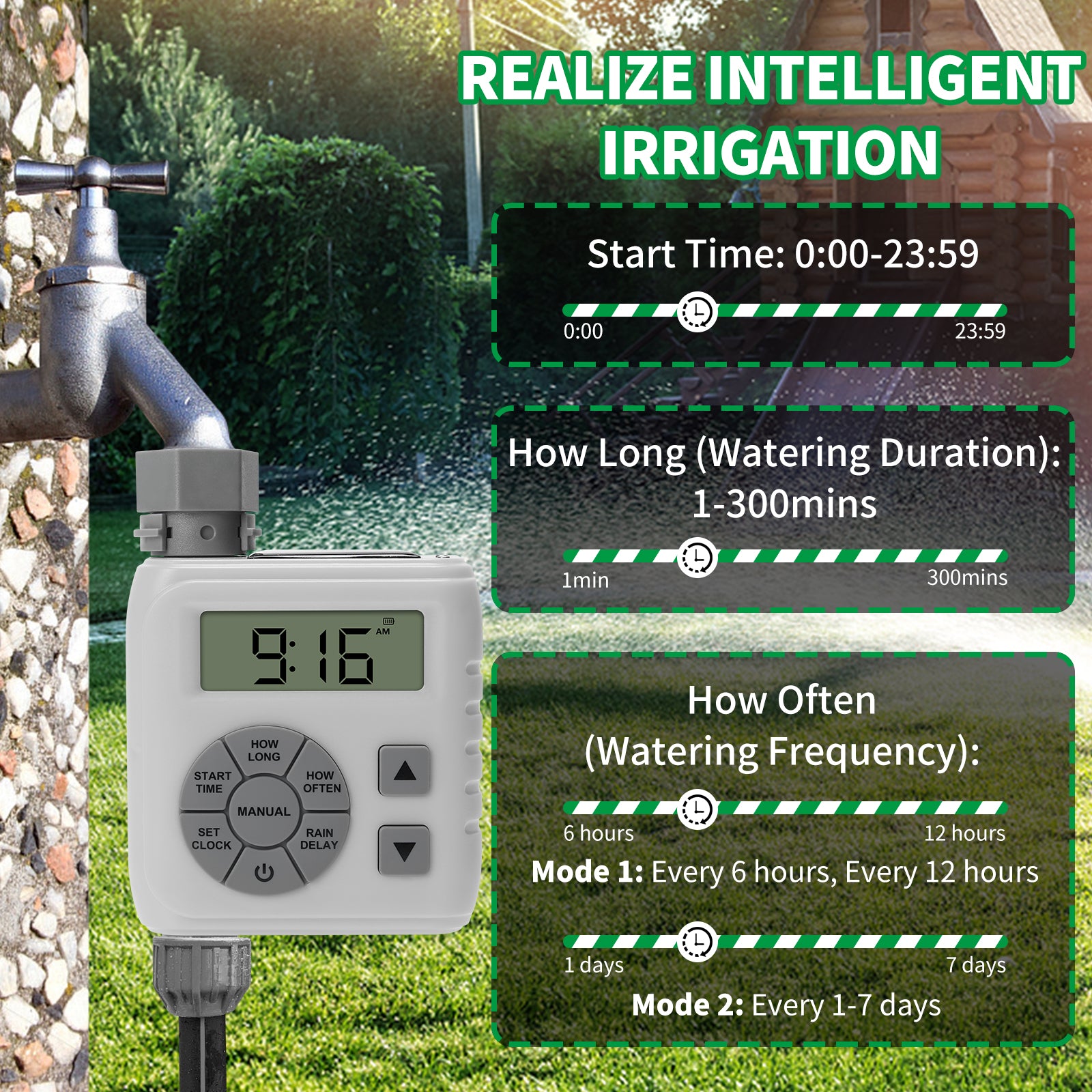 Sprinkler Timer, Programmable Irrigation Water Timer for Garden Hose, Solar/Battery Dual Power & Professional Leak-Proof Design, Rain Delay/Auto/Manual Watering System, Gray