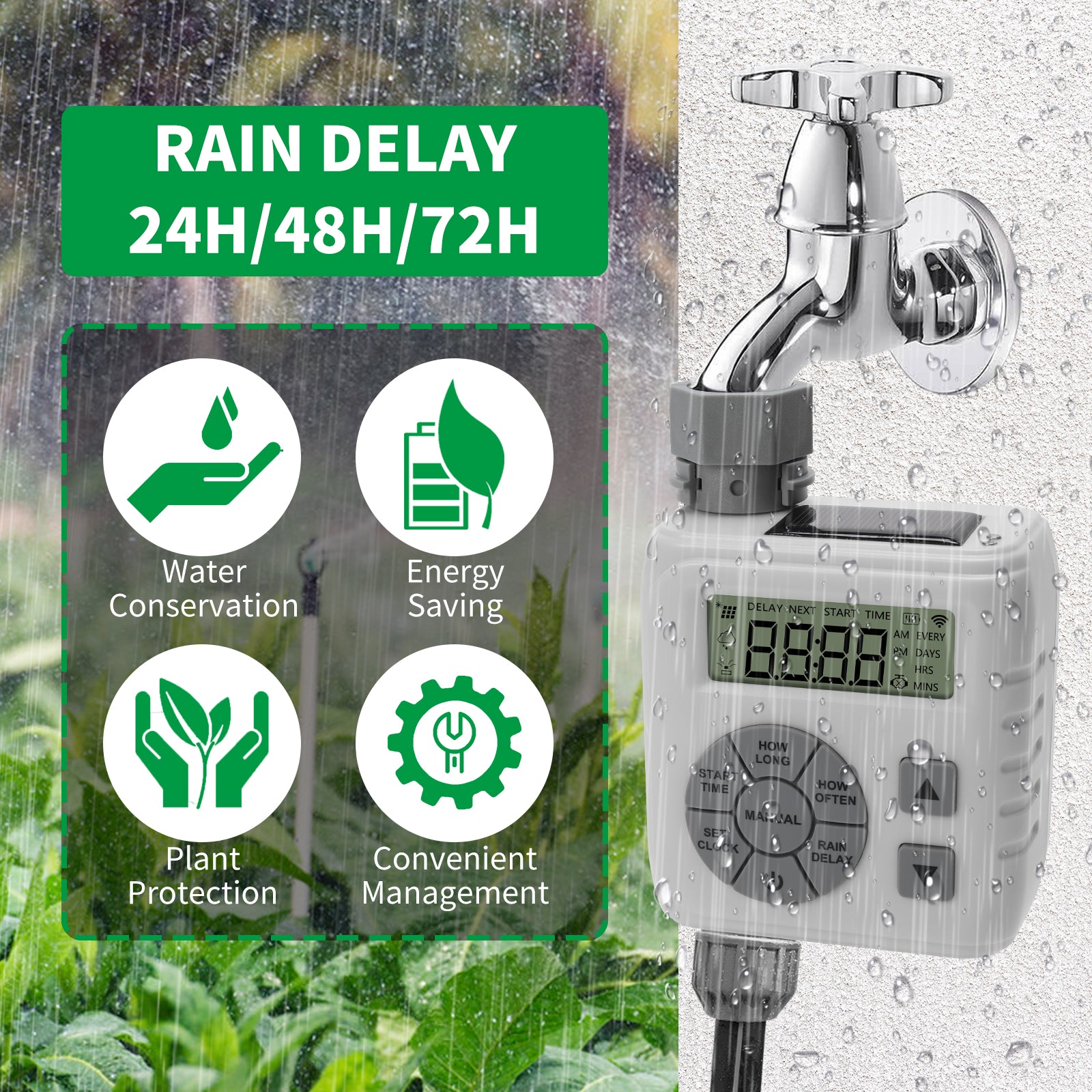 Sprinkler Timer, Programmable Irrigation Water Timer for Garden Hose, Solar/Battery Dual Power & Professional Leak-Proof Design, Rain Delay/Auto/Manual Watering System, Gray