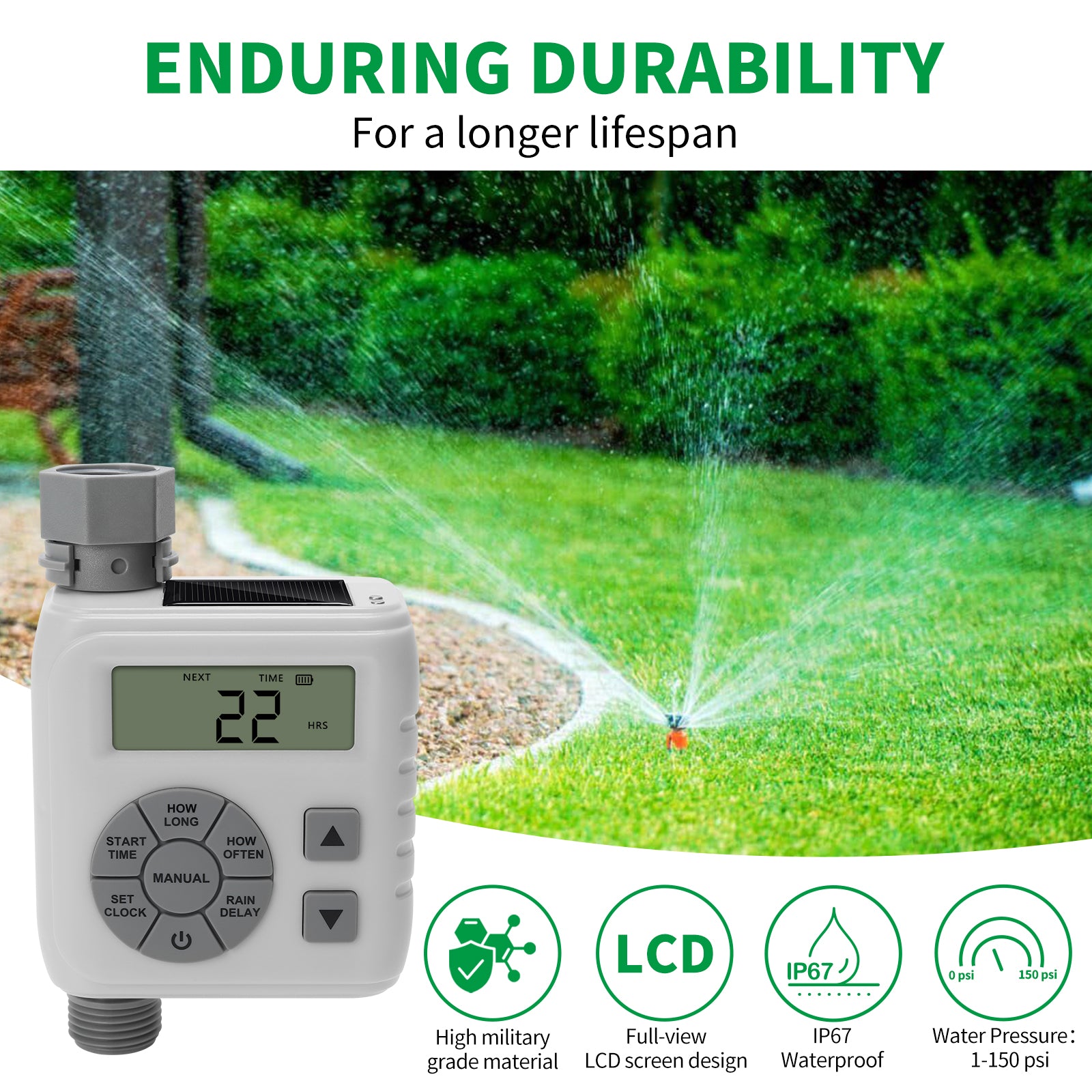 Sprinkler Timer, Programmable Irrigation Water Timer for Garden Hose, Solar/Battery Dual Power & Professional Leak-Proof Design, Rain Delay/Auto/Manual Watering System, Gray