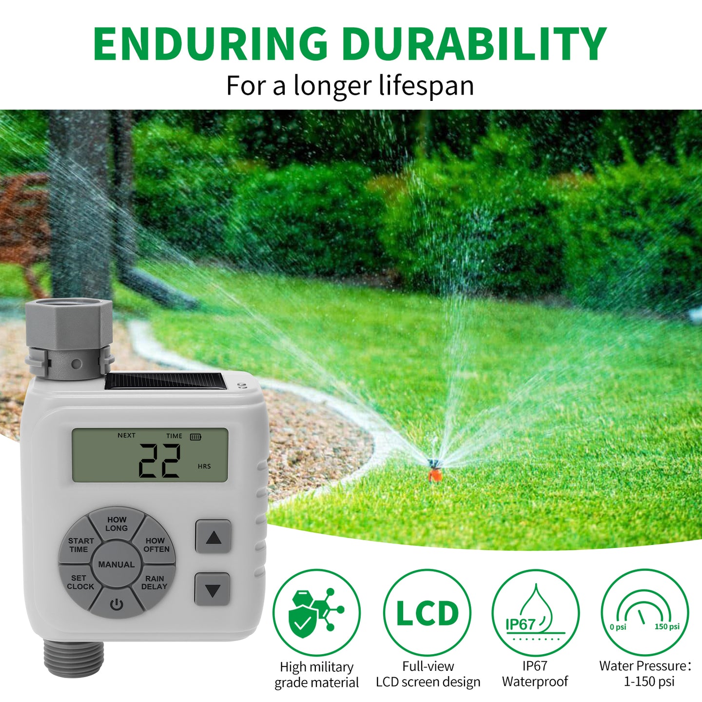 Sprinkler Timer, Programmable Irrigation Water Timer for Garden Hose, Solar/Battery Dual Power & Professional Leak-Proof Design, Rain Delay/Auto/Manual Watering System, Gray