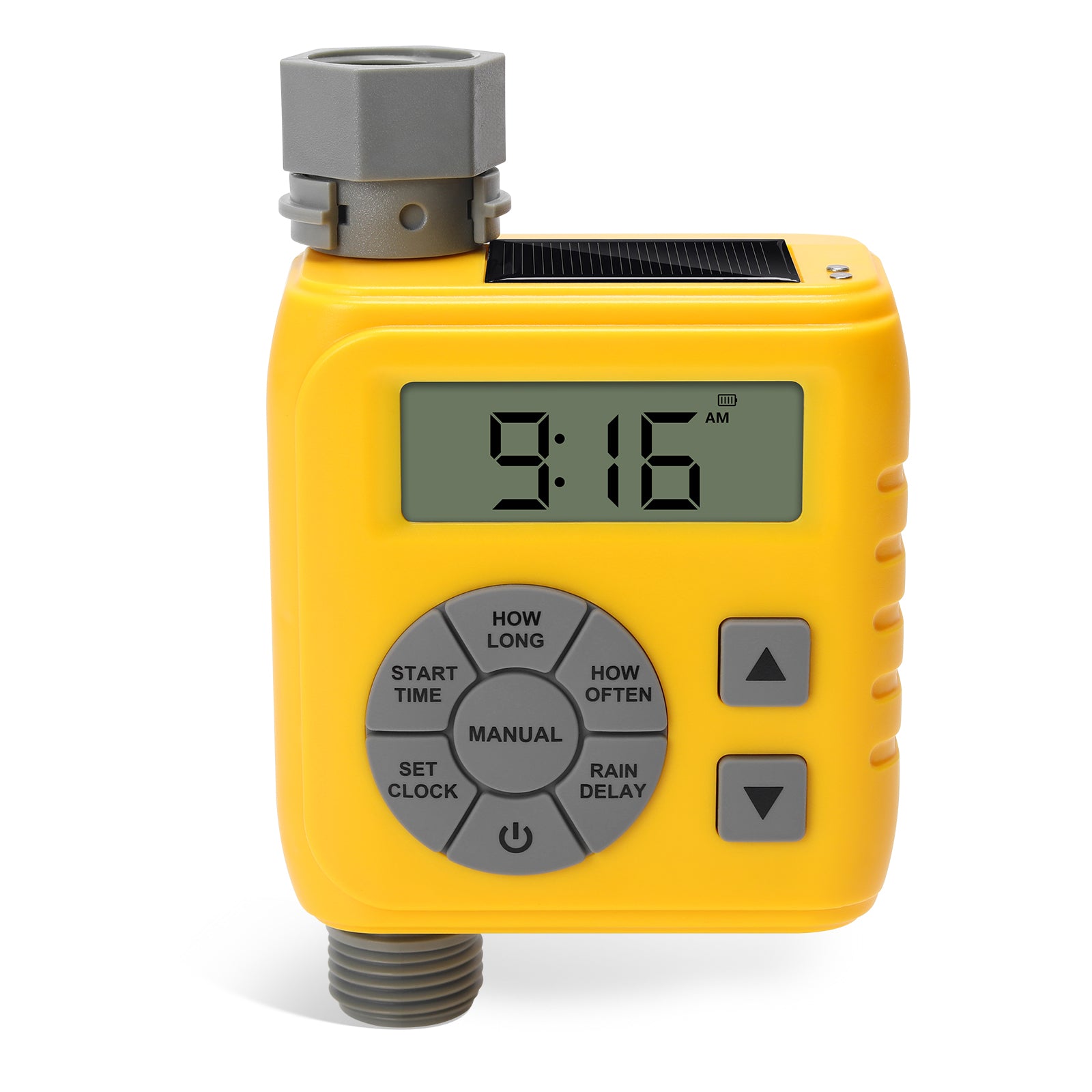Sprinkler Timer, Programmable Irrigation Water Timer for Garden Hose, Solar/Battery Dual Power & Professional Leak-Proof Design, Rain Delay/Auto/Manual Watering System, Yellow