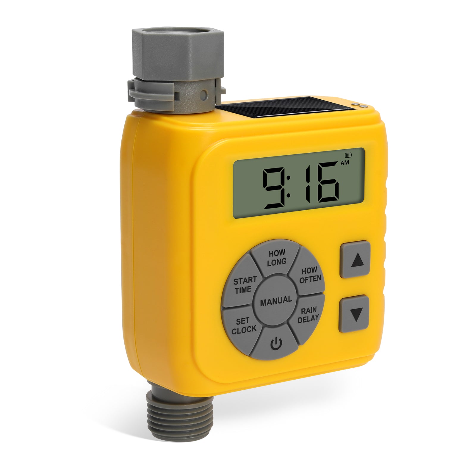 Sprinkler Timer, Programmable Irrigation Water Timer for Garden Hose, Solar/Battery Dual Power & Professional Leak-Proof Design, Rain Delay/Auto/Manual Watering System, Yellow