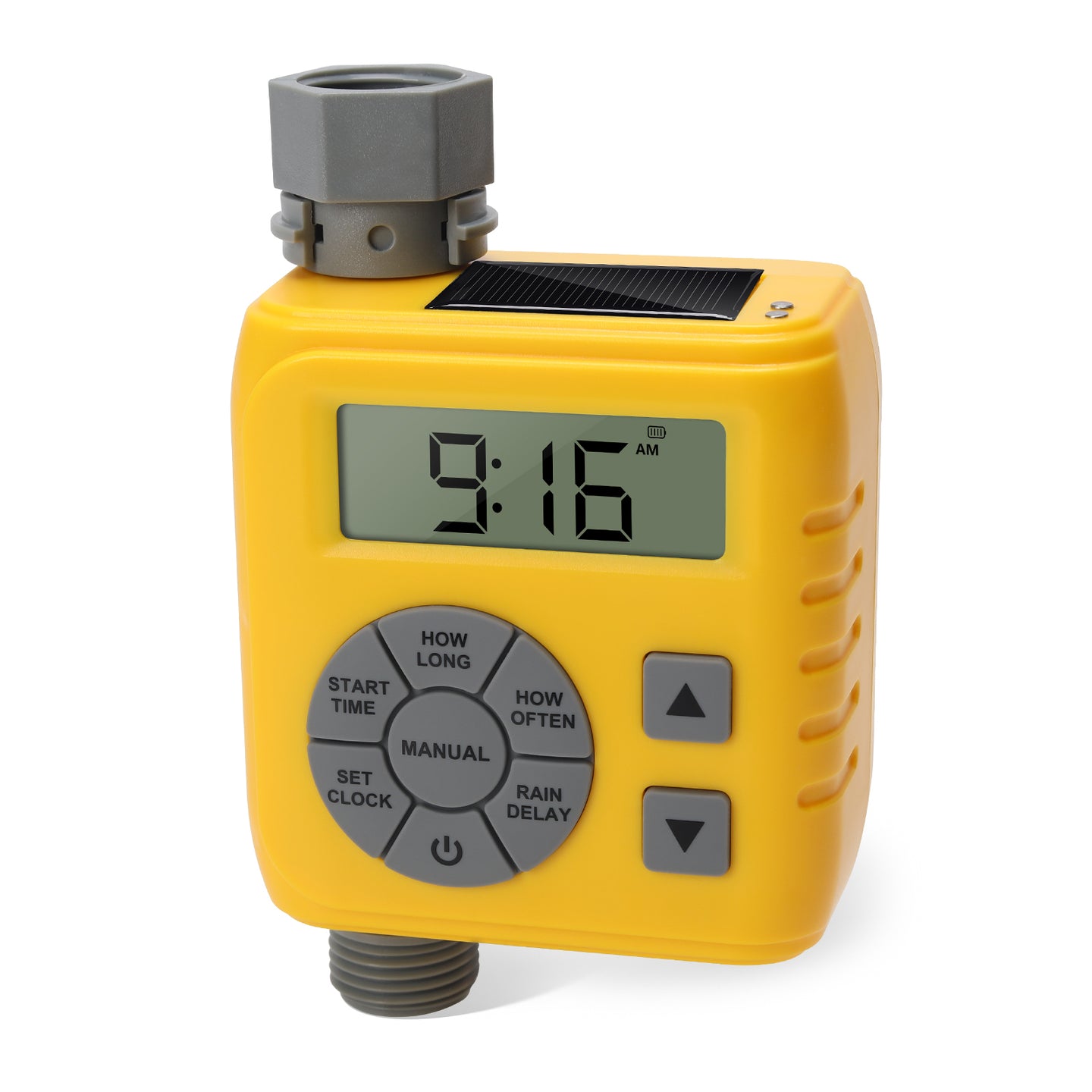 Sprinkler Timer, Programmable Irrigation Water Timer for Garden Hose, Solar/Battery Dual Power & Professional Leak-Proof Design, Rain Delay/Auto/Manual Watering System, Yellow