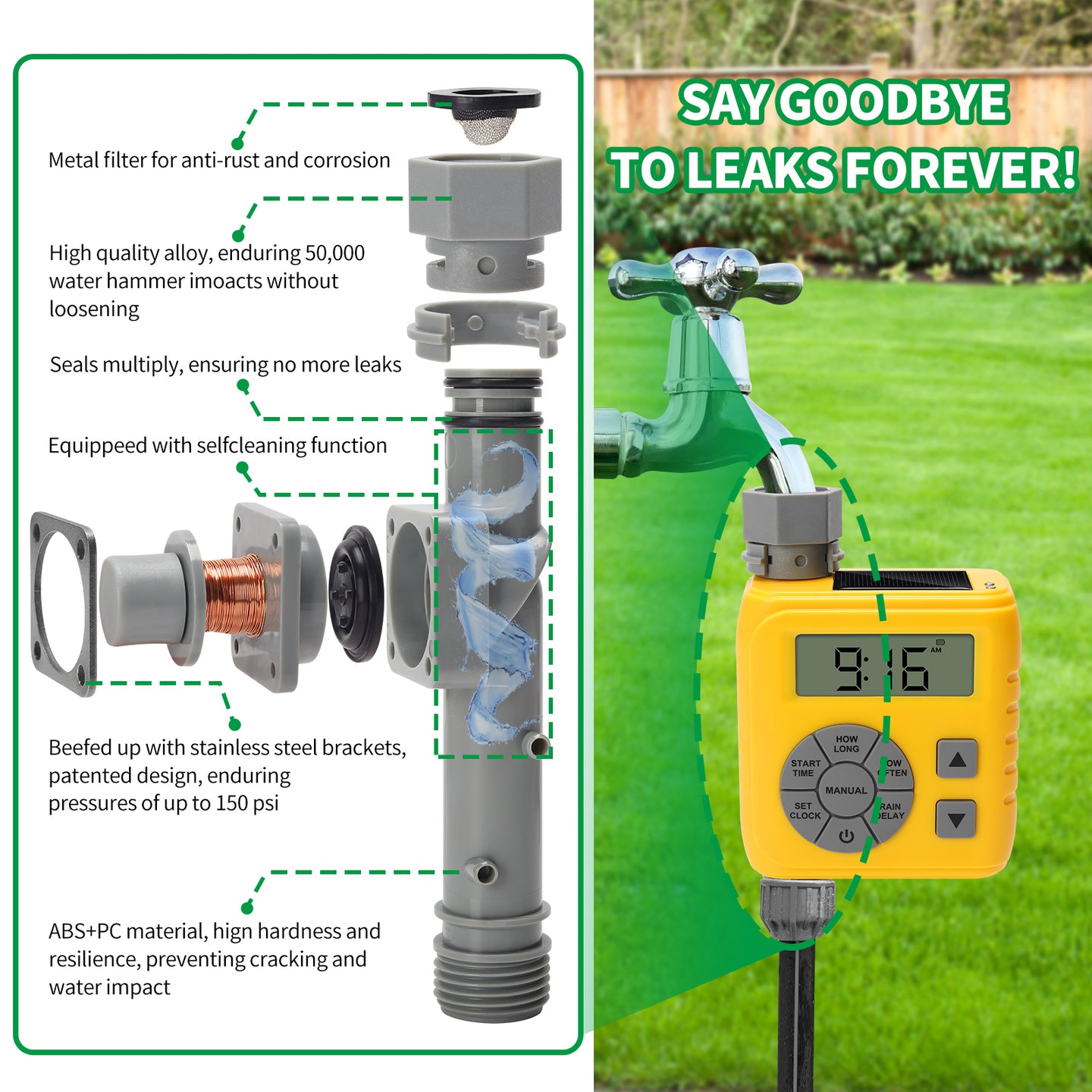 Sprinkler Timer, Programmable Irrigation Water Timer for Garden Hose, Solar/Battery Dual Power & Professional Leak-Proof Design, Rain Delay/Auto/Manual Watering System, Yellow