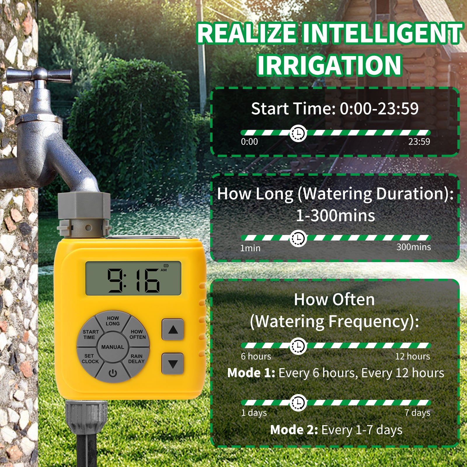 Sprinkler Timer, Programmable Irrigation Water Timer for Garden Hose, Solar/Battery Dual Power & Professional Leak-Proof Design, Rain Delay/Auto/Manual Watering System, Yellow