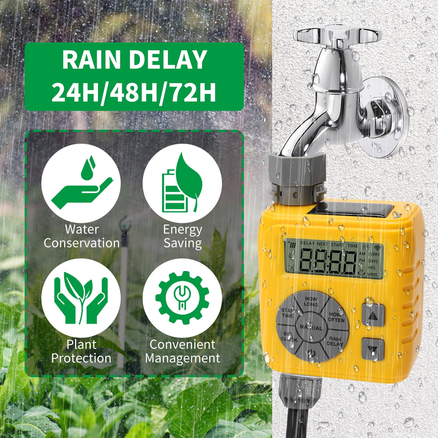 Sprinkler Timer, Programmable Irrigation Water Timer for Garden Hose, Solar/Battery Dual Power & Professional Leak-Proof Design, Rain Delay/Auto/Manual Watering System, Yellow