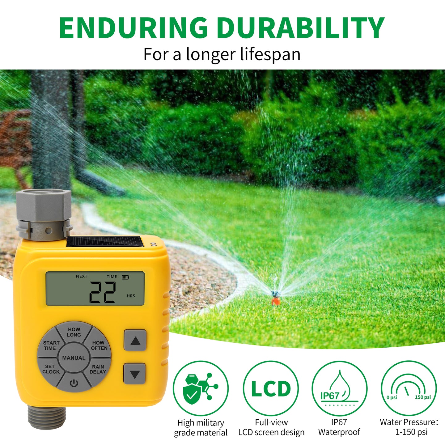 Sprinkler Timer, Programmable Irrigation Water Timer for Garden Hose, Solar/Battery Dual Power & Professional Leak-Proof Design, Rain Delay/Auto/Manual Watering System, Yellow