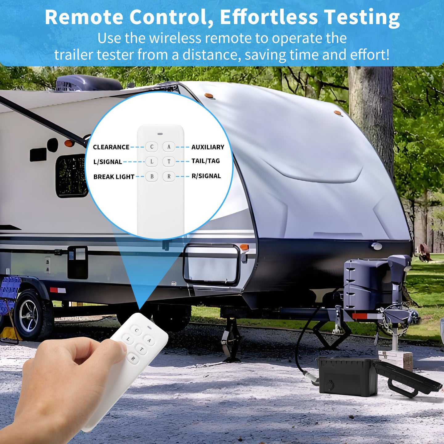 Trailer Light Tester Box with 12V 10Ah Battery and IP68 Waterproof Carrying Case, Wireless Remote Control Operation (7-Way Round Pin Compatibility)