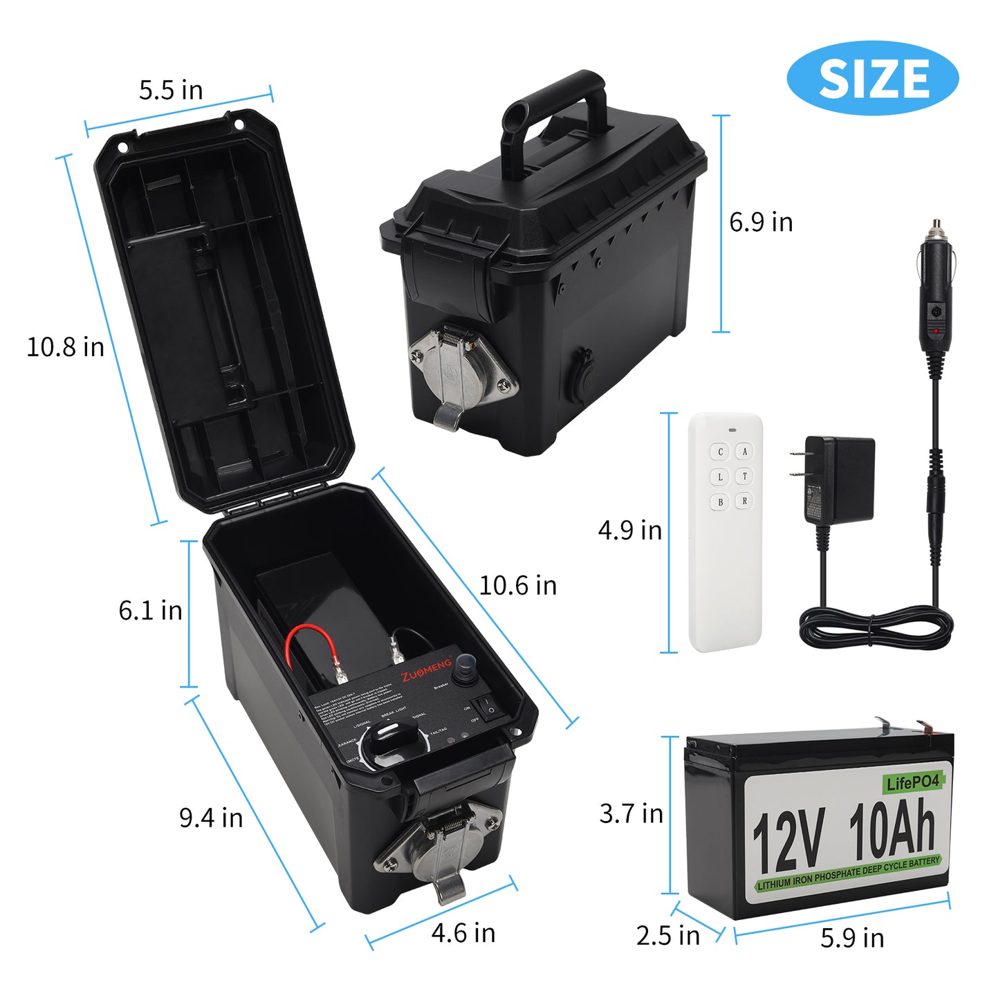 Trailer Light Tester Box with 12V 10Ah Battery and IP68 Waterproof Carrying Case, Wireless Remote Control Operation (7-Way Round Pin Compatibility)