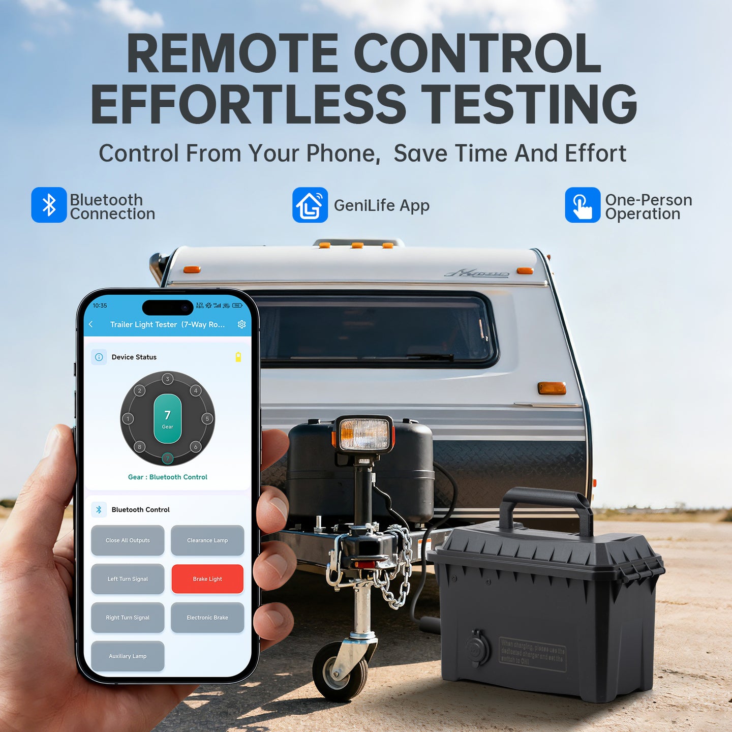 Trailer Light Tester Box with 12V 10Ah Battery and IP68 Waterproof Carrying Case, Bluetooth App Connection Wireless Control (7-Way Round Pin Compatible)