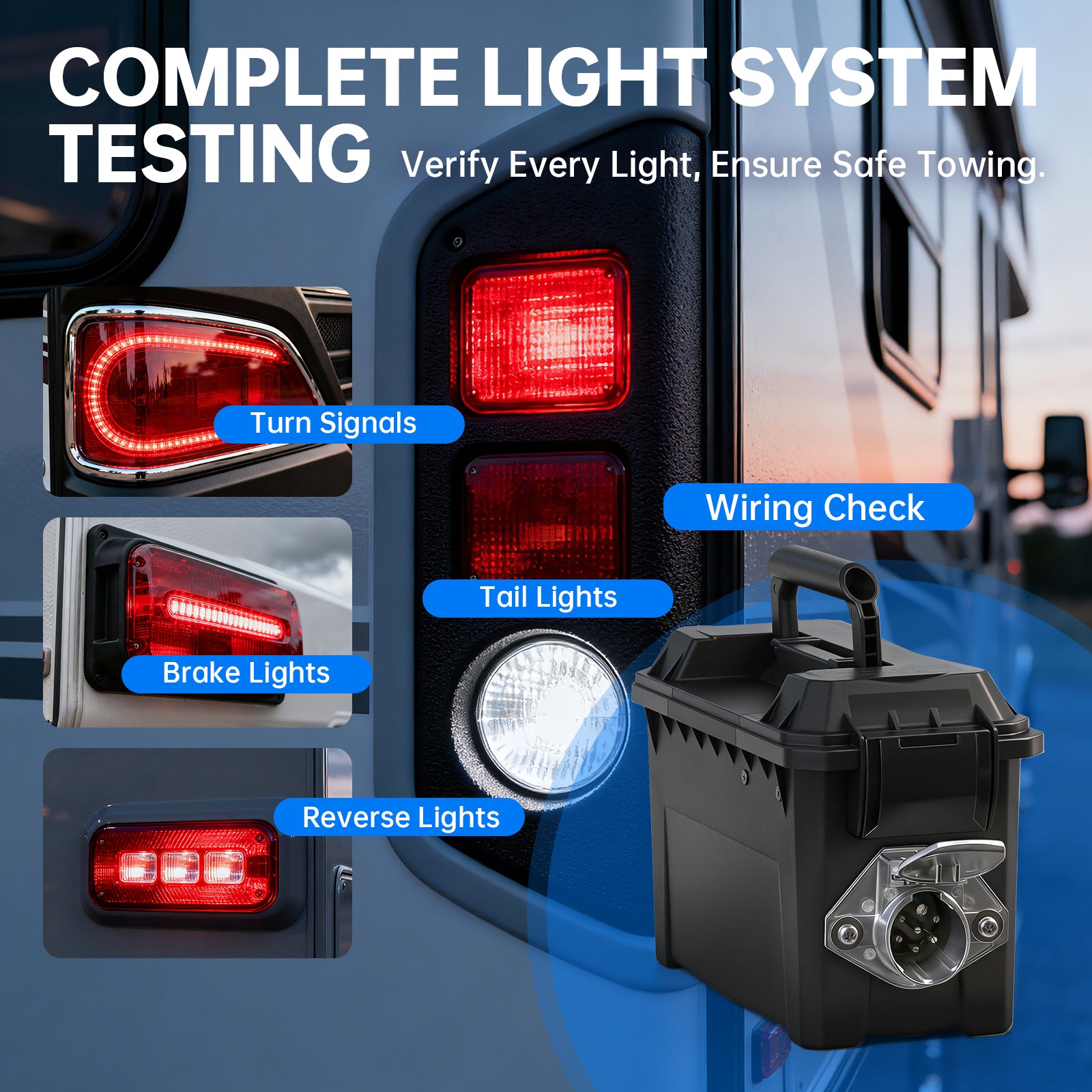 Trailer Light Tester Box with 12V 10Ah Battery and IP68 Waterproof Carrying Case, Bluetooth App Connection Wireless Control (7-Way Round Pin Compatible)