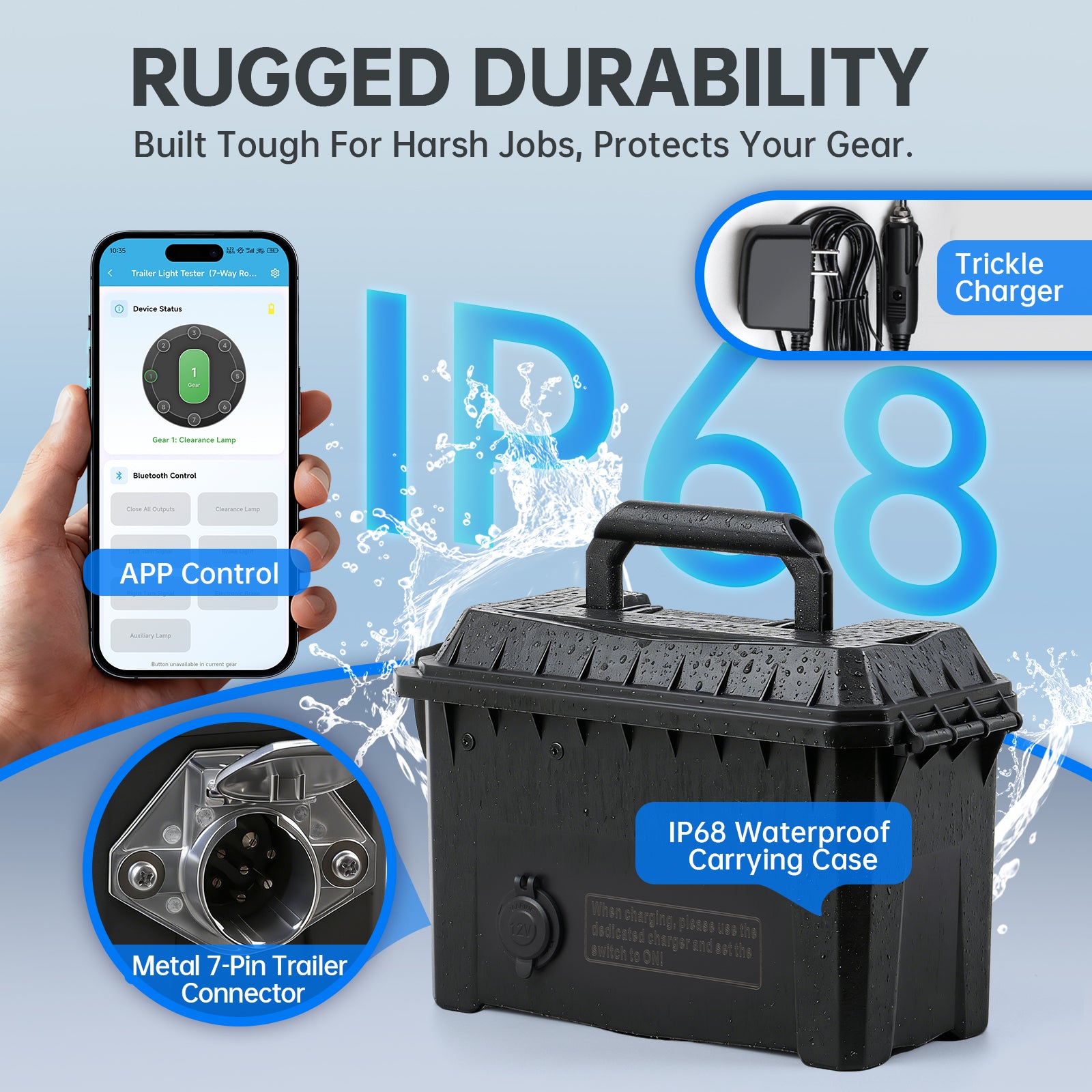 Trailer Light Tester Box with 12V 10Ah Battery and IP68 Waterproof Carrying Case, Bluetooth App Connection Wireless Control (7-Way Round Pin Compatible)