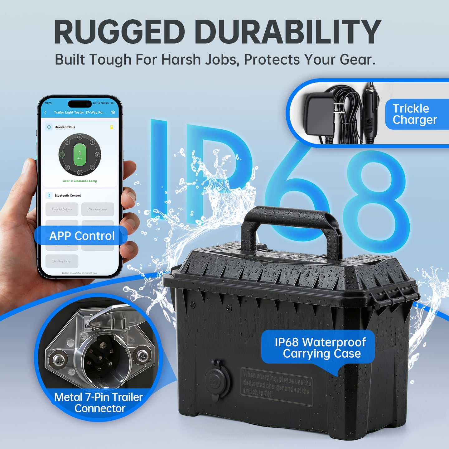 Trailer Light Tester Box with 12V 10Ah Battery and IP68 Waterproof Carrying Case, Bluetooth App Connection Wireless Control (7-Way Round Pin Compatible)