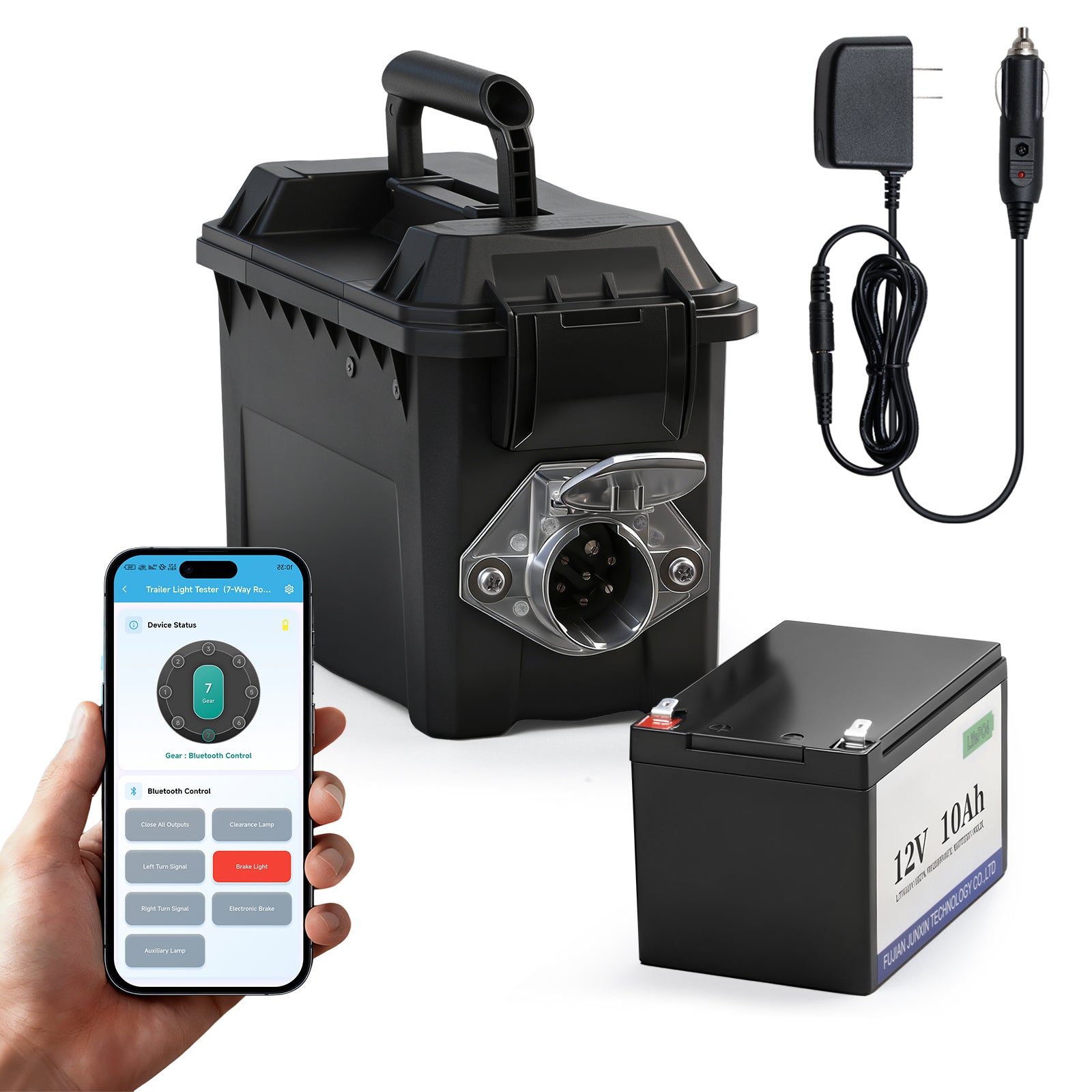 Trailer Light Tester Box with 12V 10Ah Battery and IP68 Waterproof Carrying Case, Bluetooth App Connection Wireless Control (7-Way Round Pin Compatible)
