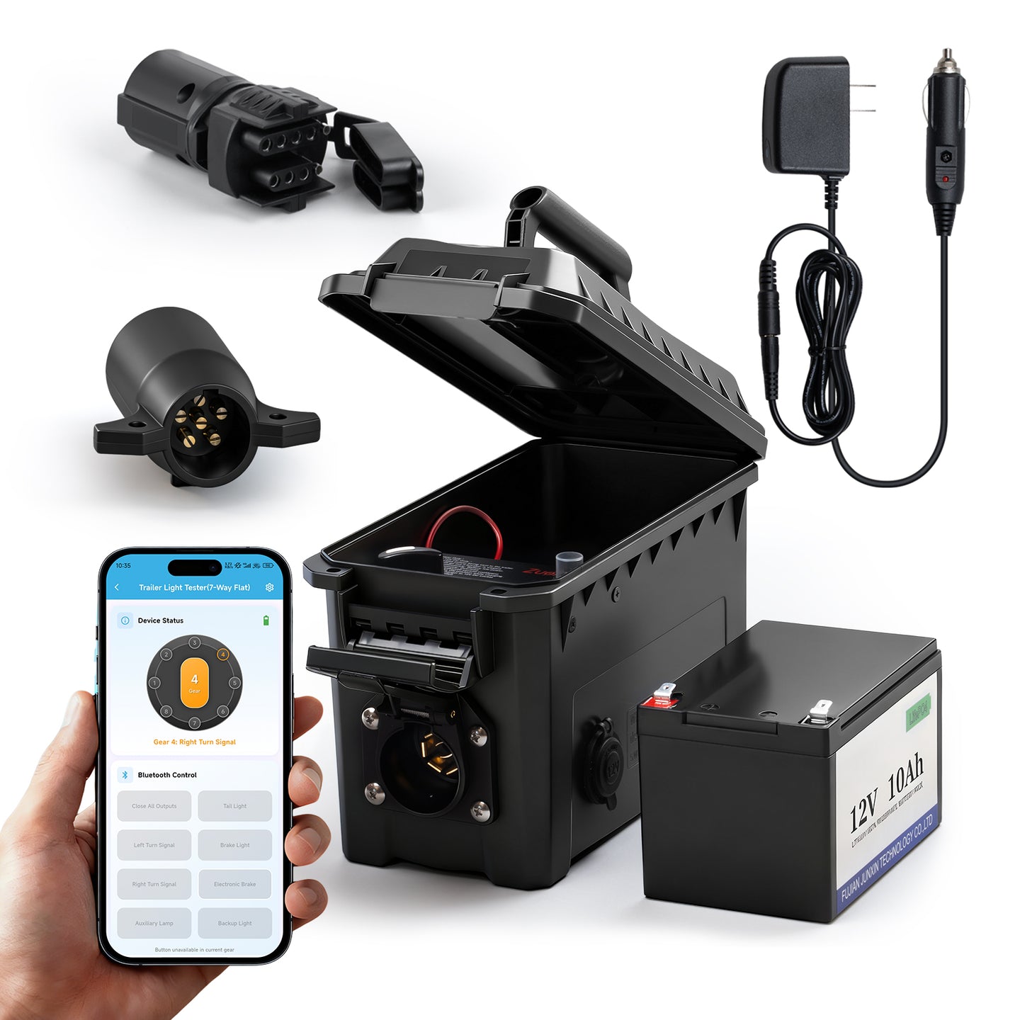 Trailer Light & Electric Brake Tester with 12V 10Ah Battery, Tests 7-Spade, 6-Round and 45-Flat Pin Type Trailer Harnesses, Bluetooth App Connection Remote Operation, IP68 Waterproof Case