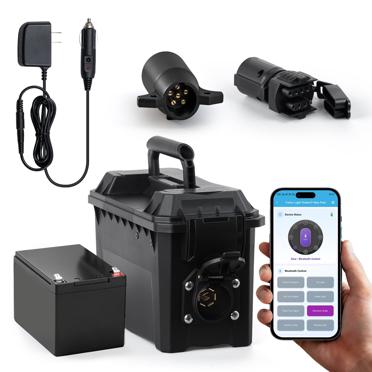 Trailer Light & Electric Brake Tester with 12V 10Ah Battery, Tests 7-Spade, 6-Round and 45-Flat Pin Type Trailer Harnesses, Bluetooth App Connection Remote Operation, IP68 Waterproof Case