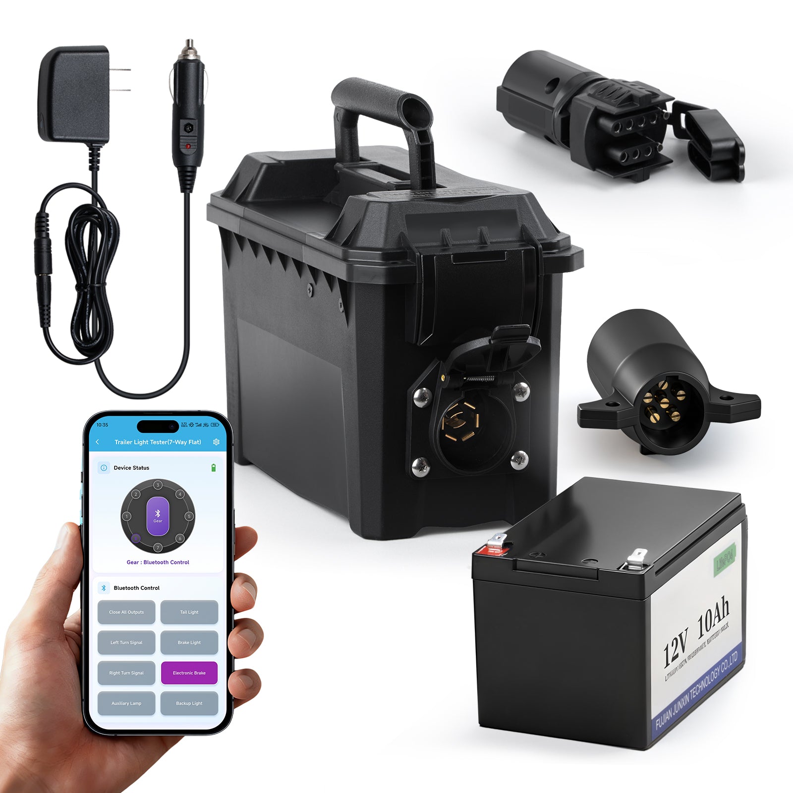 Trailer Light & Electric Brake Tester with 12V 10Ah Battery, Tests 7-Spade, 6-Round and 45-Flat Pin Type Trailer Harnesses, Bluetooth App Connection Remote Operation, IP68 Waterproof Case