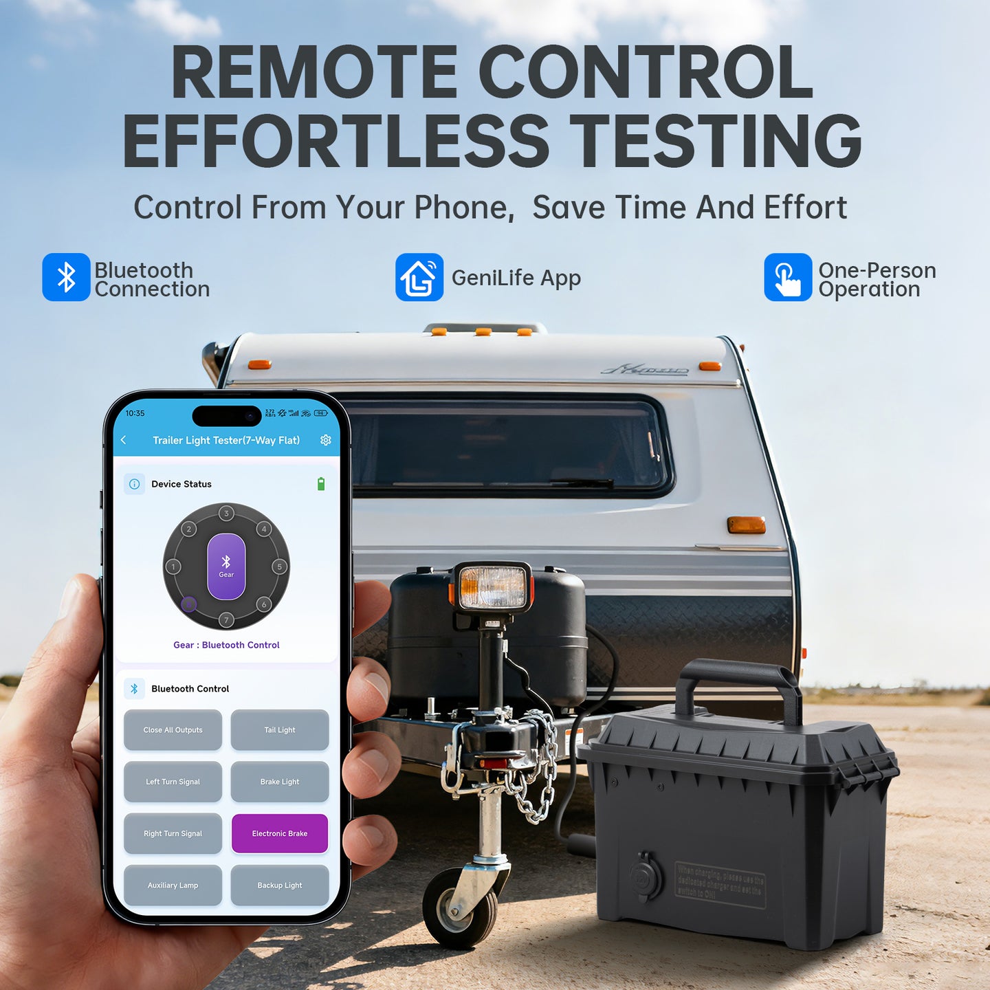 Trailer Light & Electric Brake Tester with 12V 10Ah Battery, Tests 7-Spade, 6-Round and 45-Flat Pin Type Trailer Harnesses, Bluetooth App Connection Remote Operation, IP68 Waterproof Case