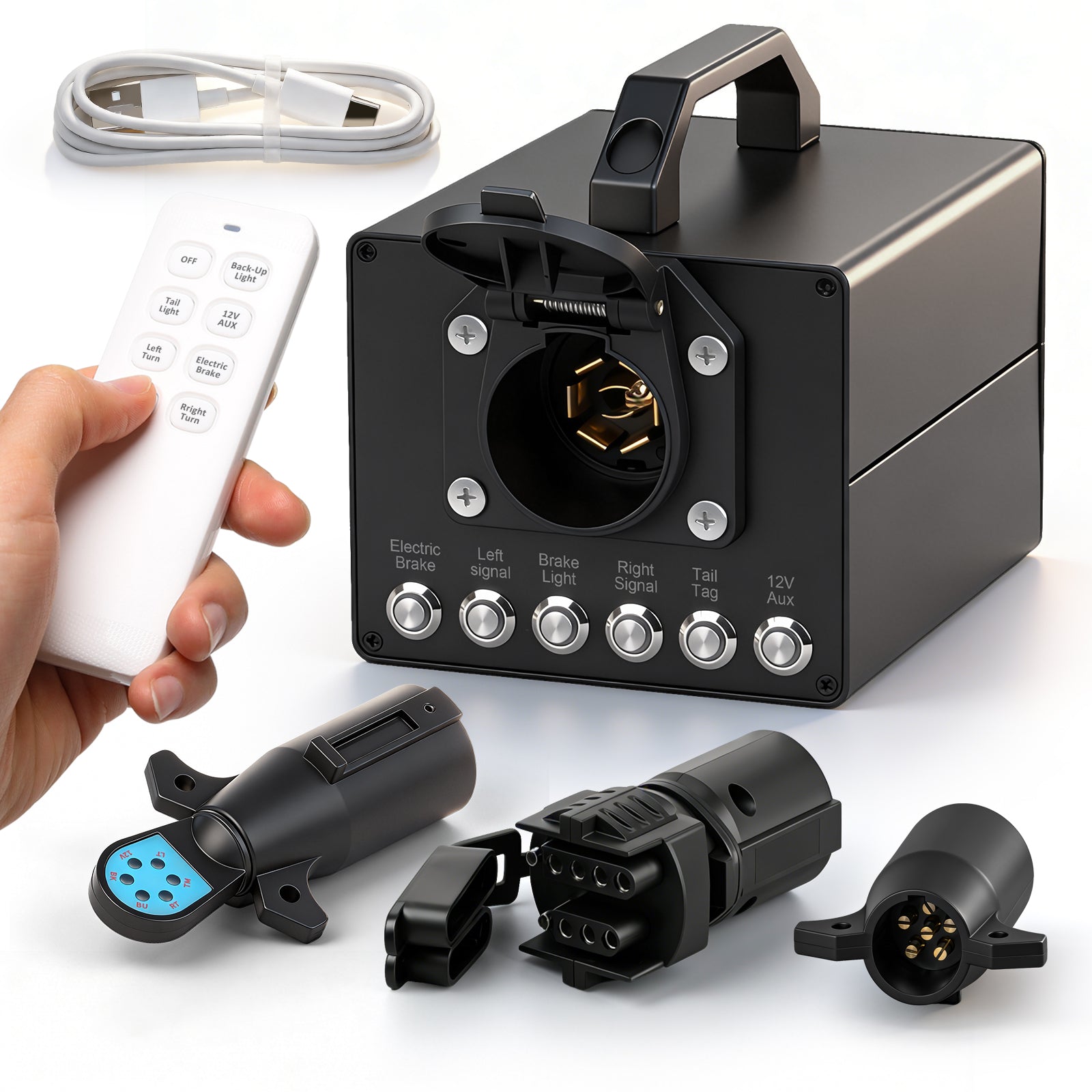 Trailer Light & Electric Brake Tester with Wireless Remote Control, 12V 10Ah Battery, IP68 All-Metal Case, Compatible with 7-Way Flat (Spade), Includes 6-Way Round & 4/5-Pin Connectors