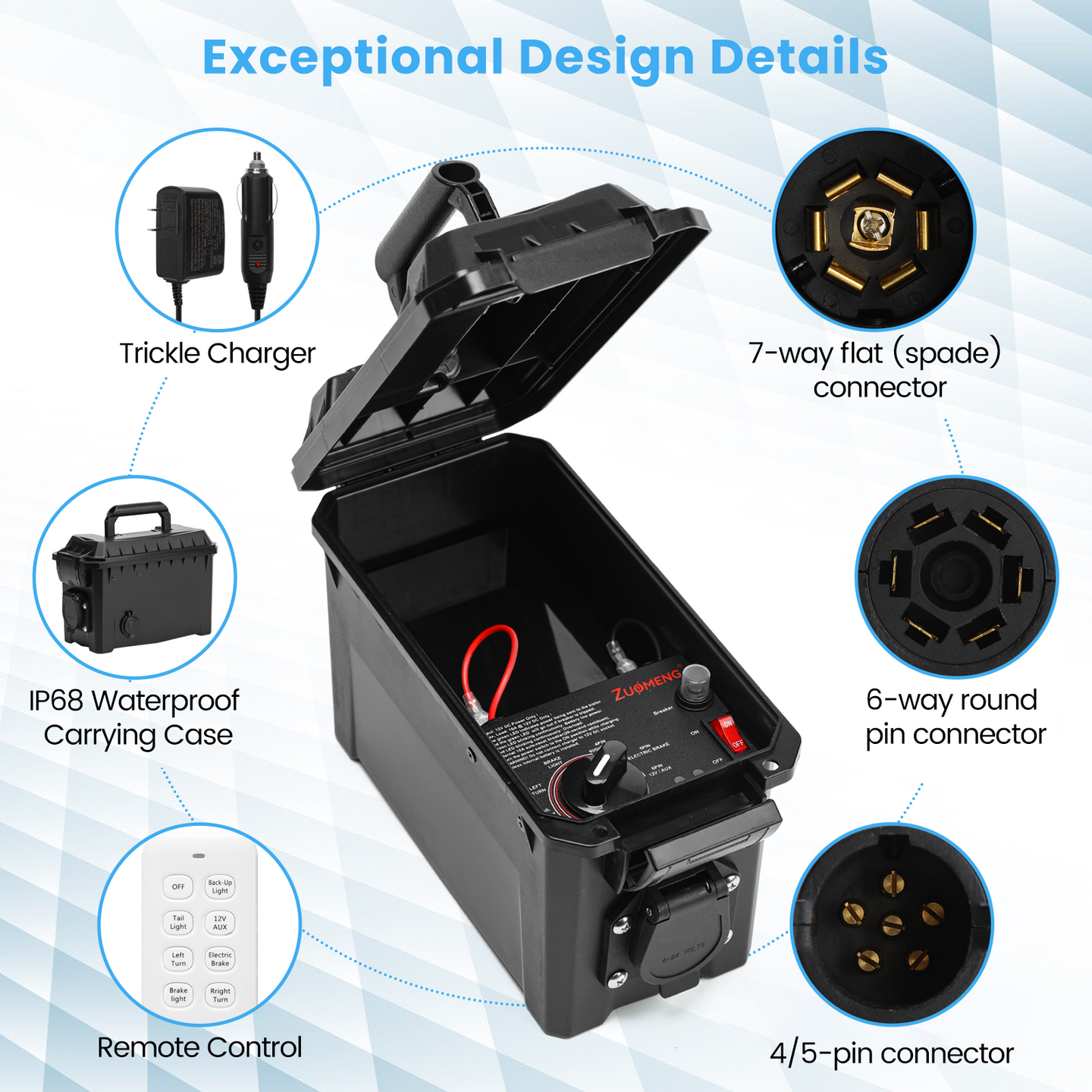 Trailer Light & Electric Brake Tester with 12V 10Ah Battery, Tests 7-Spade, 6-Round and 4/5-Flat Pin Type Trailer Harnesses, Upgrade Wireless Remote Control, IP68 Waterproof Case