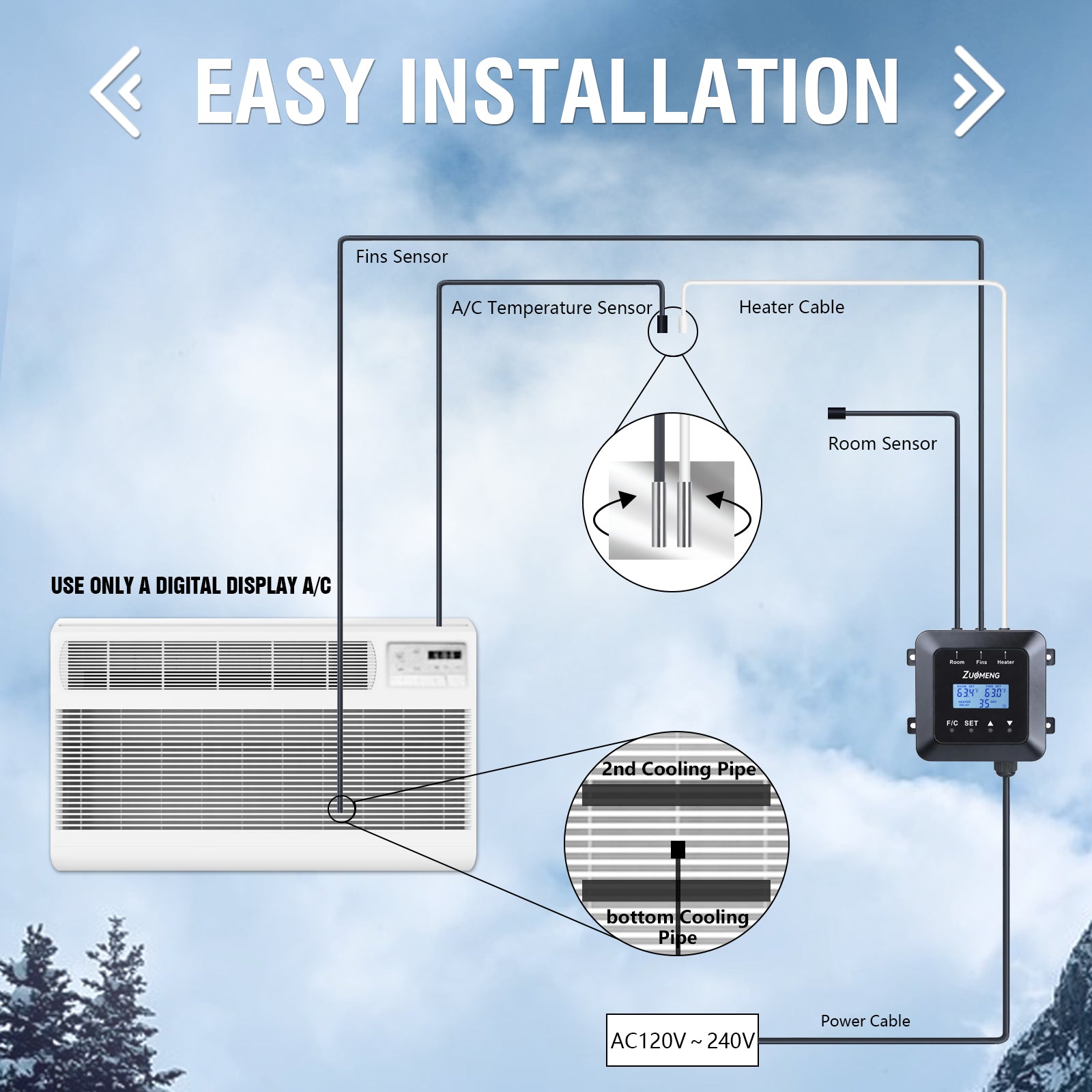Walk-in Cooler Controller for Window AC Unit, Adjustable 33°F–65°F Temperature Control for Meat, Produce, Flowers and Beverages Storage