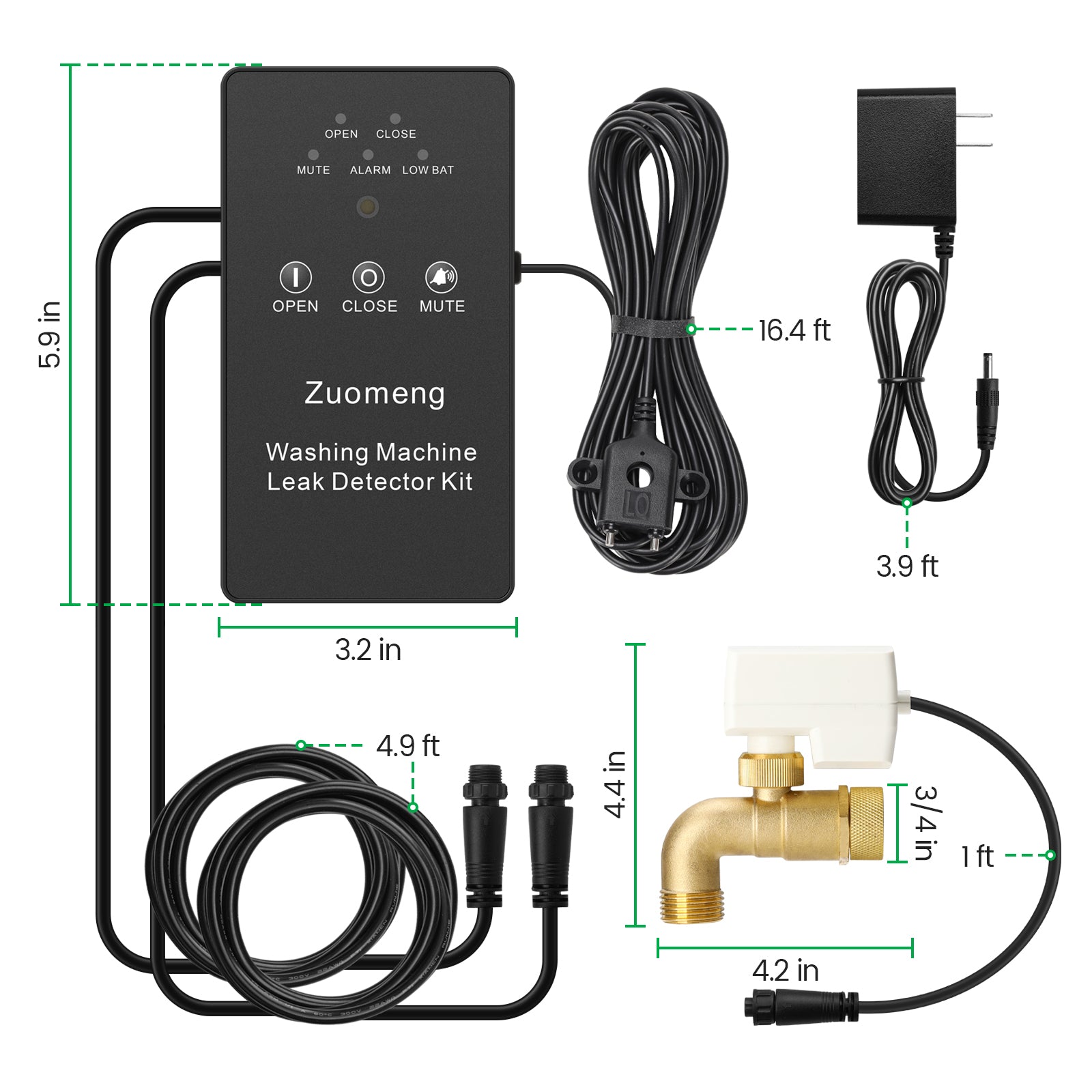 Washing Machine Water Leak Detector Kit with Dual Power Supply, Precise Sensor, Automatic Shut-Off Hot & Cold Valves 3/4" 90° , Alarm Sound and Alarm Light
